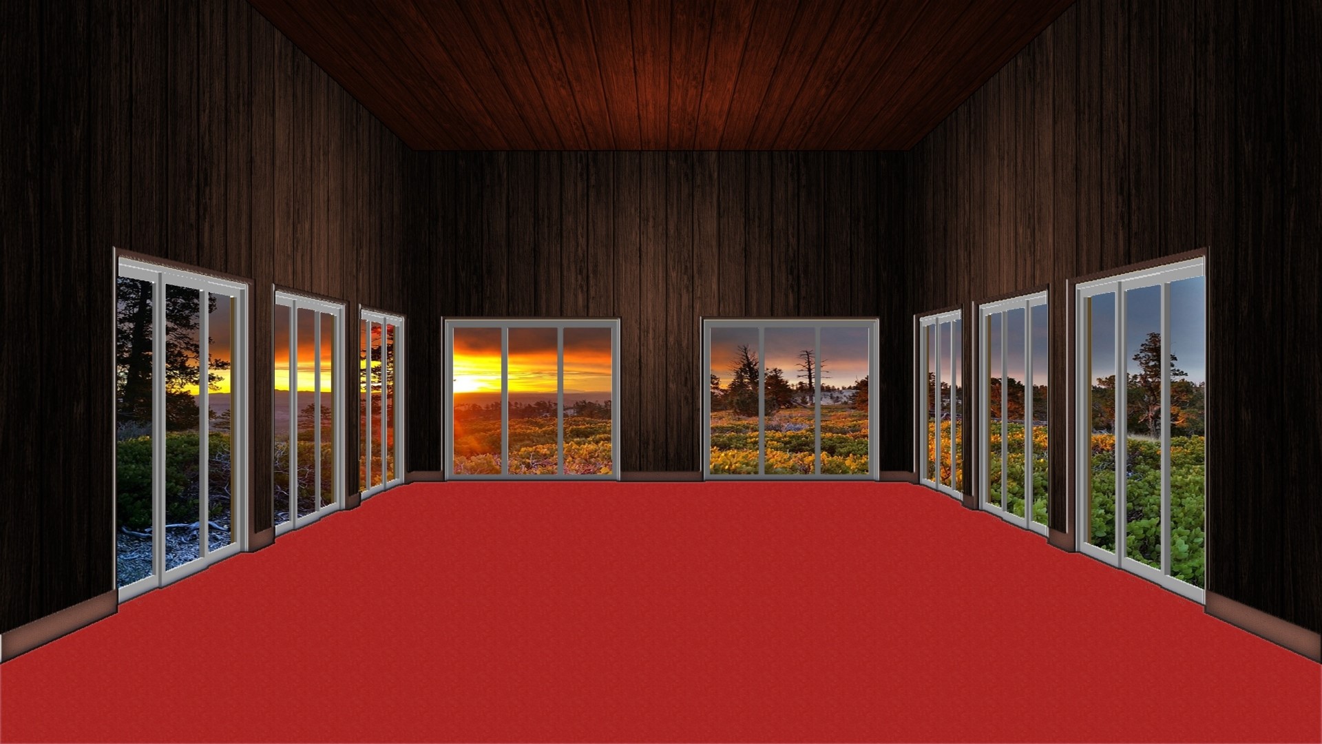 Room with windows showing landscapes HD Wallpaper
