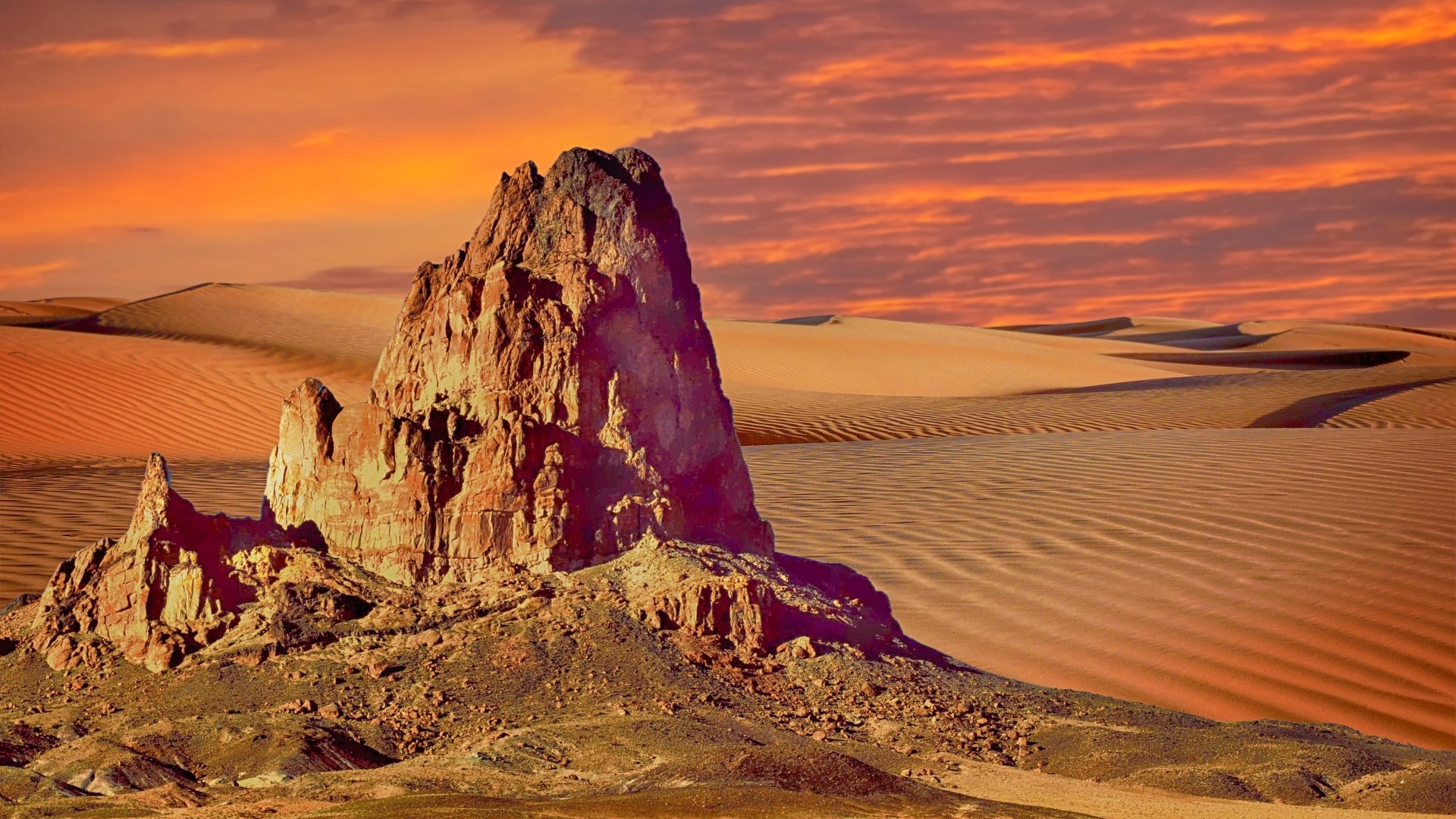Desert landscape with rock formation at sunset HD Wallpaper