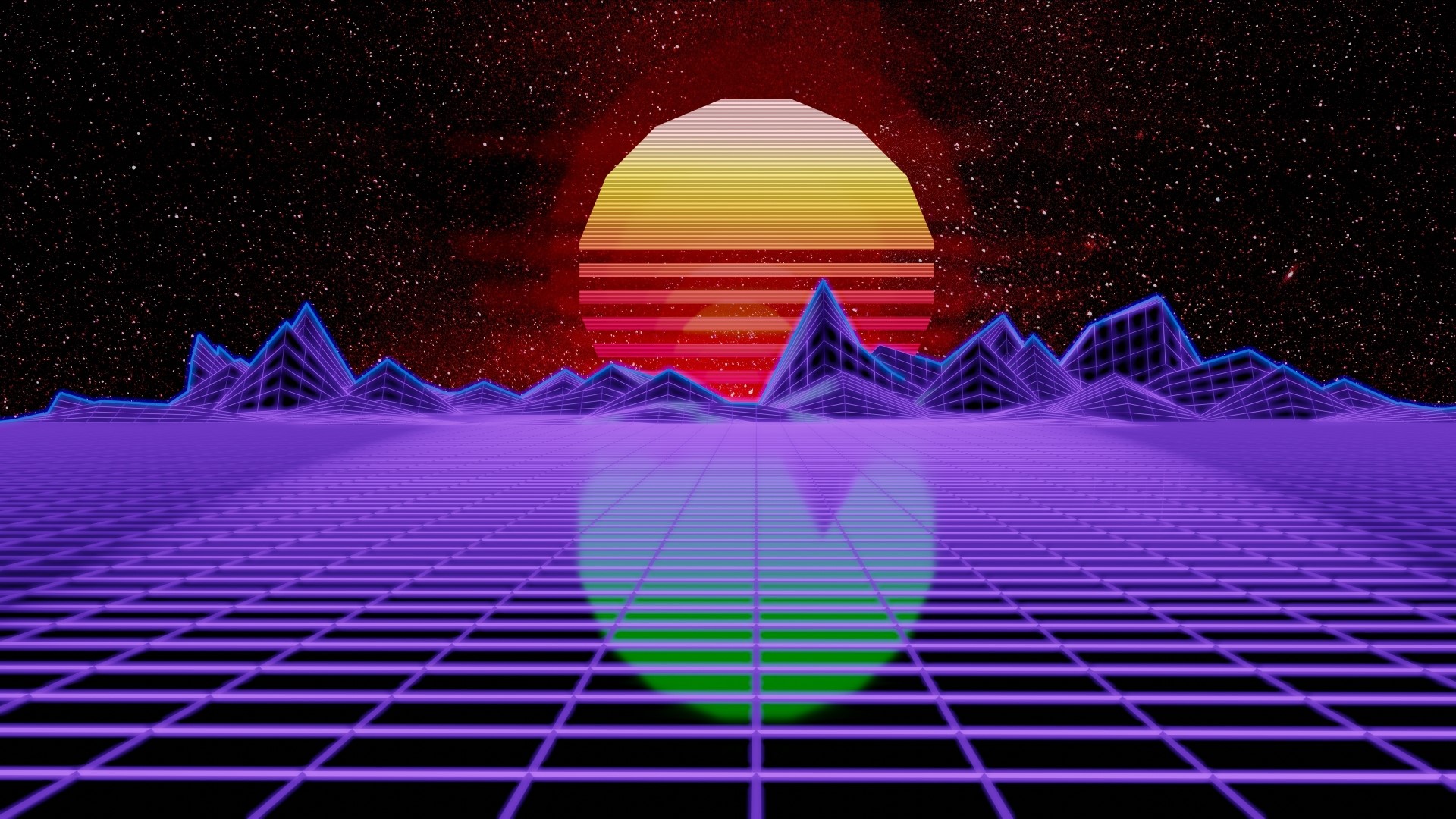 Retro Grid Landscape with Neon Mountains and Sunset HD Wallpaper