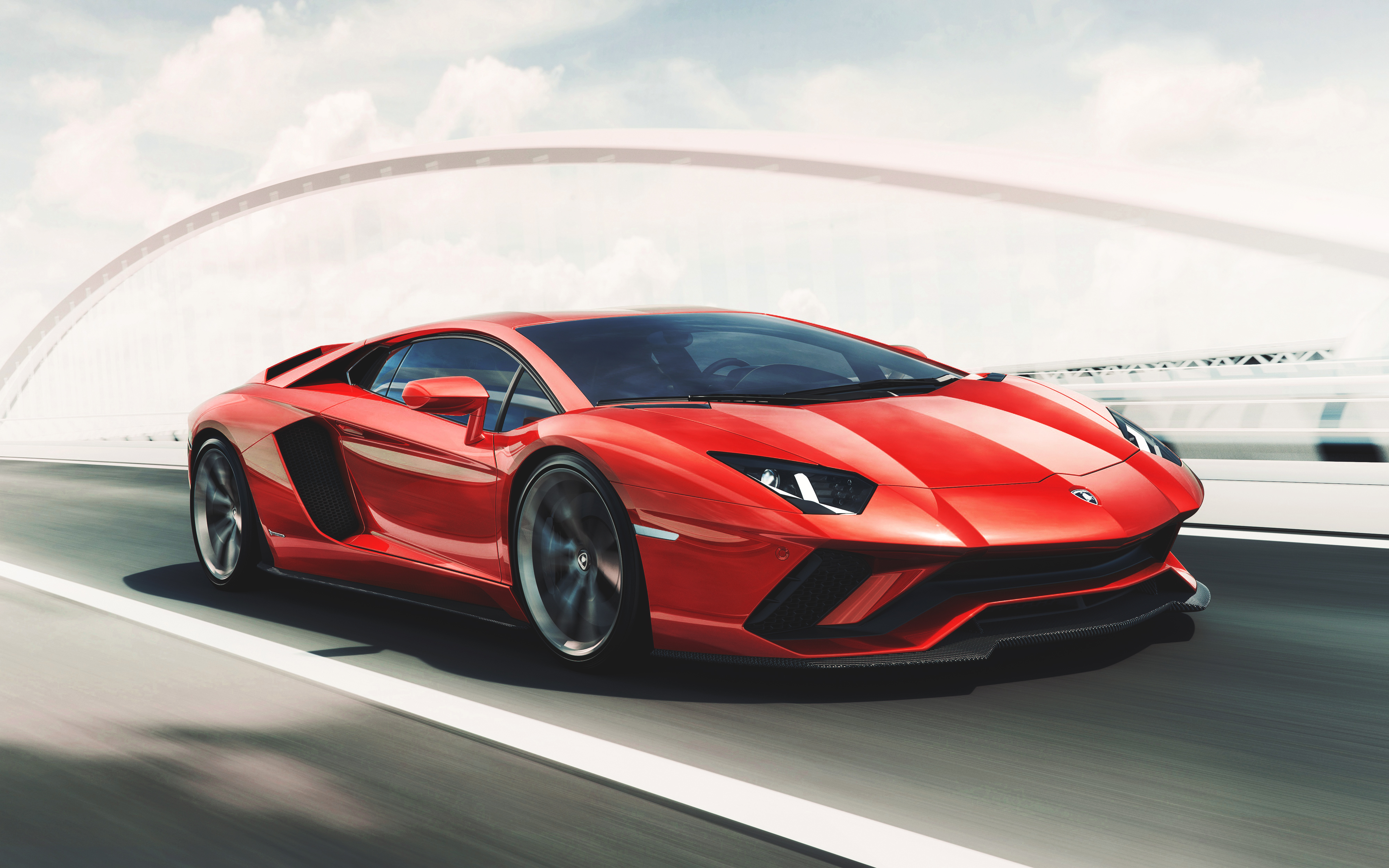 Red Lamborghini Aventador driving on a bridge 4K HD Wallpaper