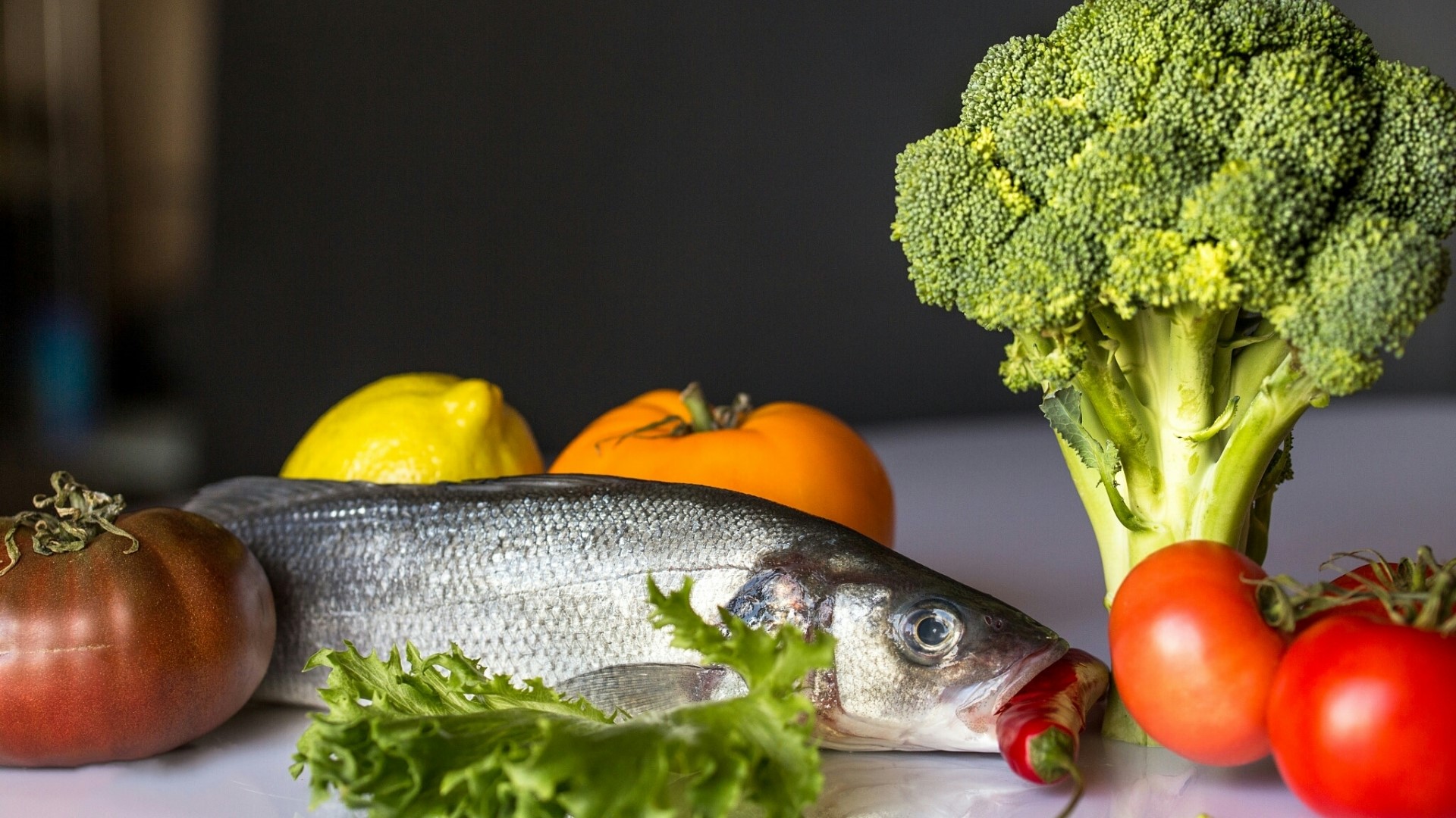 Still life with fish, vegetables, and lemon HD Wallpaper