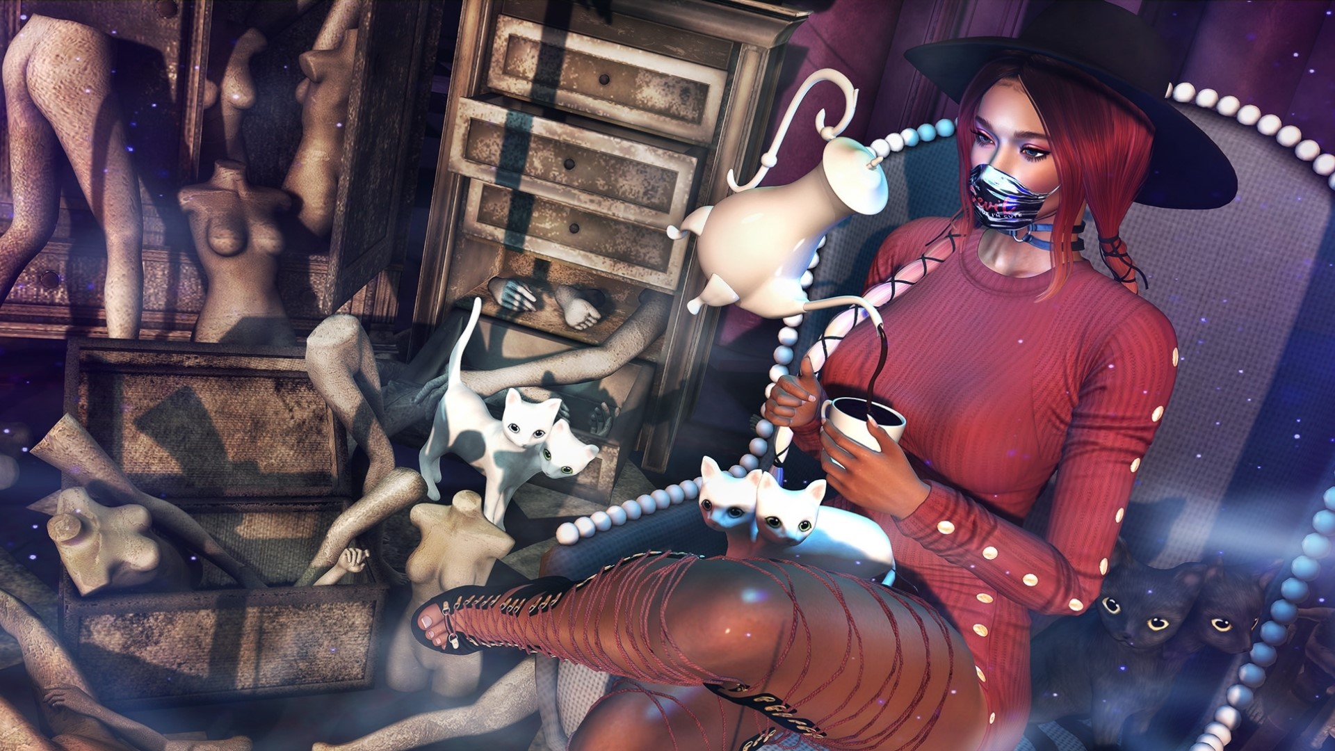 Fantasy girl with cats and mannequins HD Wallpaper