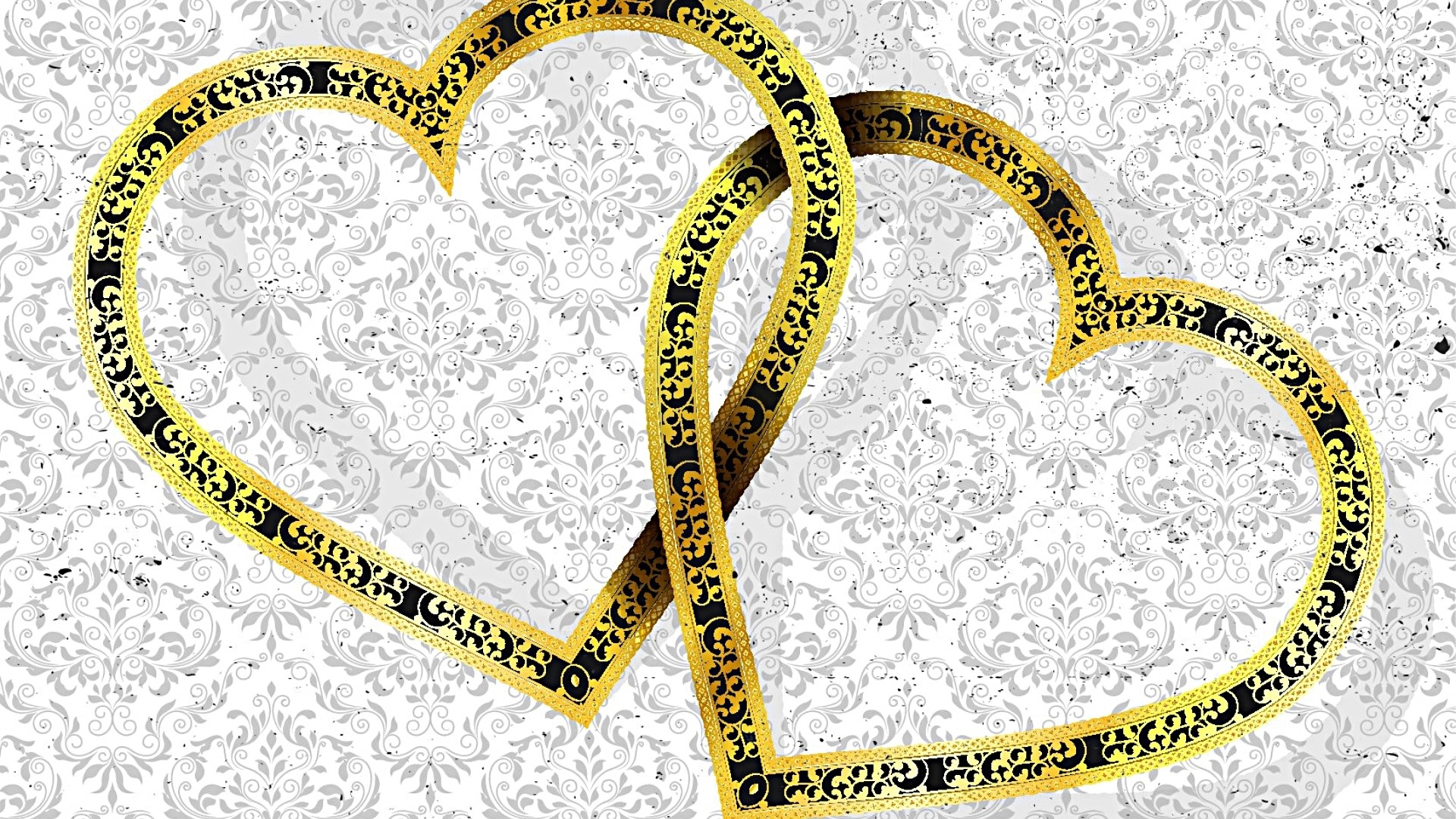 Two Intertwined Golden Hearts with Ornate Pattern HD Wallpaper
