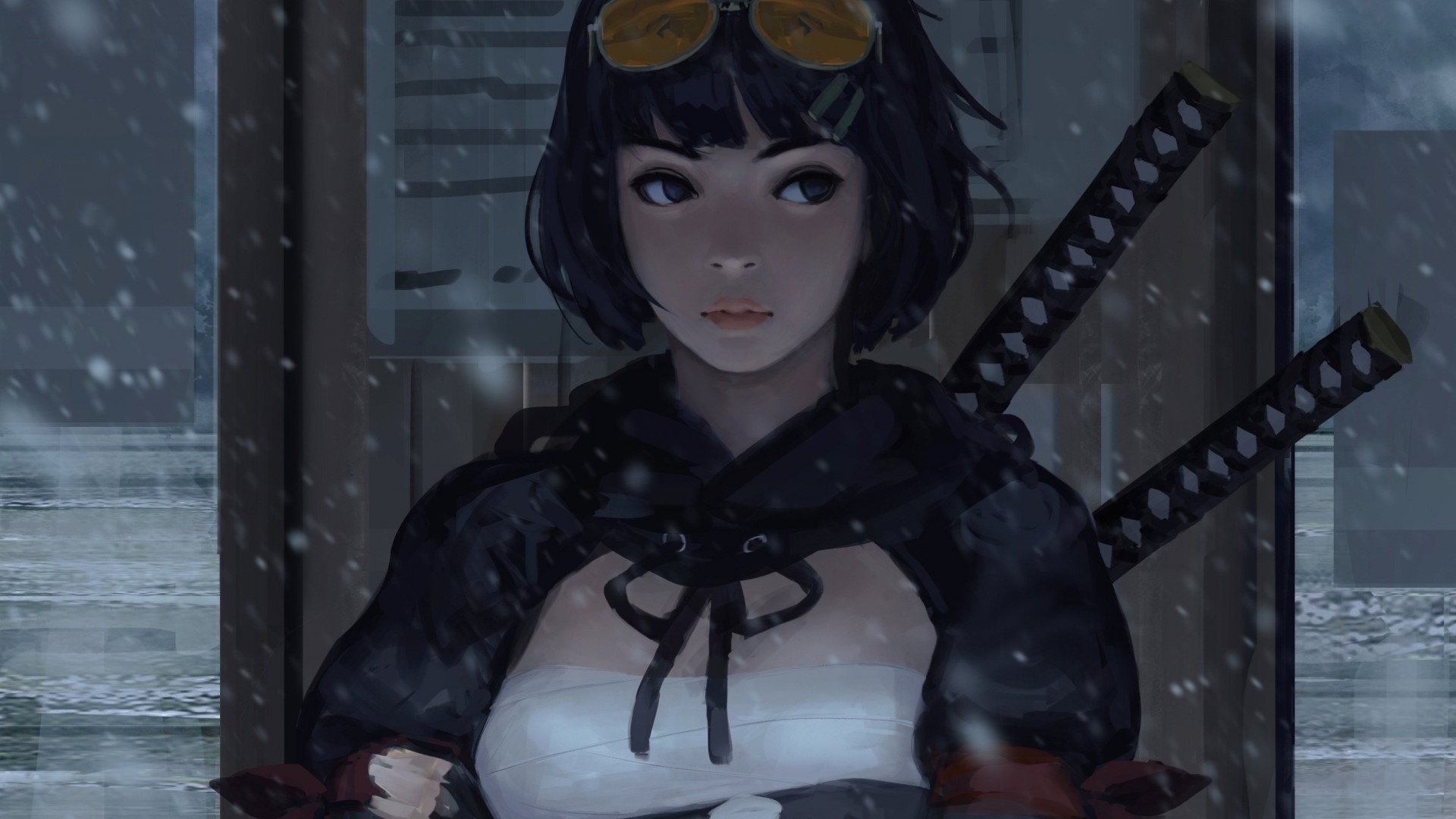 Samurai Warrior Girl with Swords in Snow HD Wallpaper