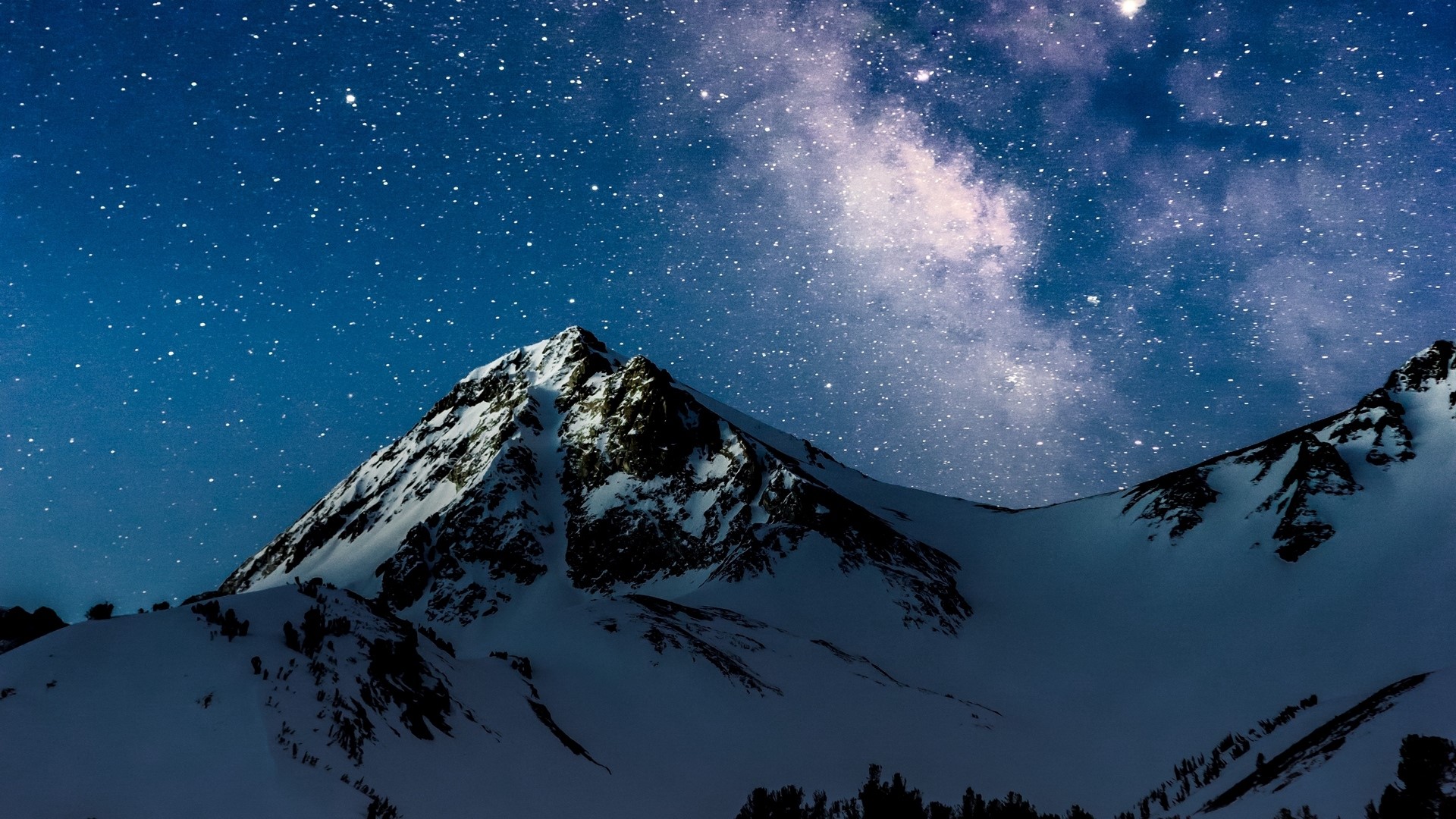 Snowy Mountains Under a Starry Sky HD Wallpaper