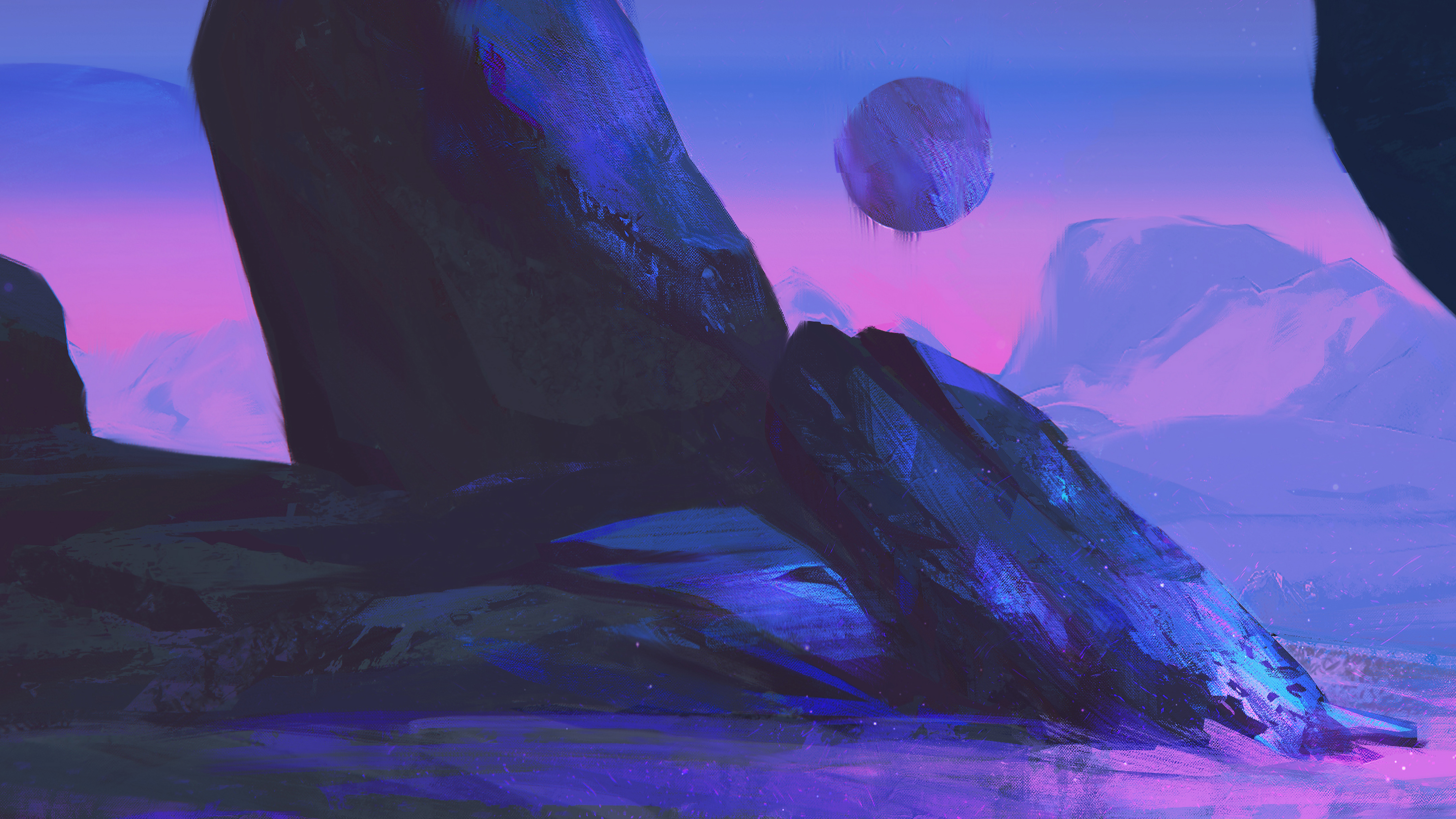 Digital paint of a purple alien landscape with rocks HD Wallpaper