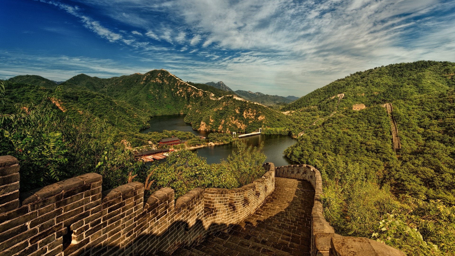 The Great Wall of China with a lake and mountains HD Wallpaper