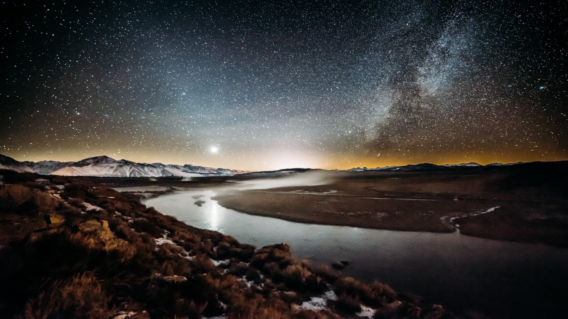 River and Mountains Under the Milky Way HD Wallpaper