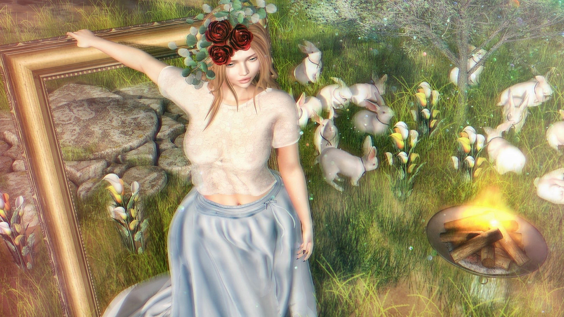 Fantasy girl with roses and rabbits in a meadow HD Wallpaper