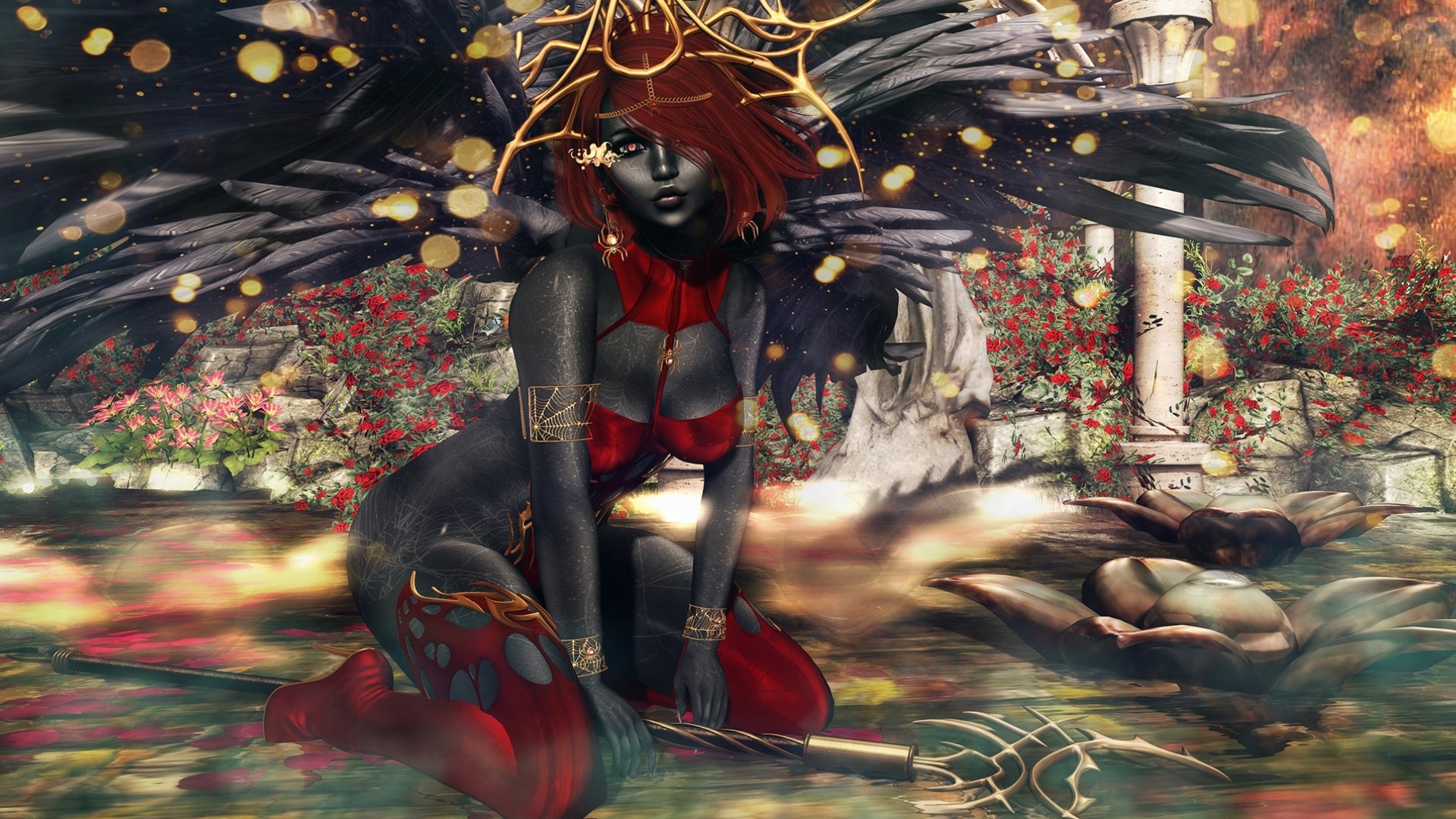 Fantasy angel with black wings and red outfit HD Wallpaper
