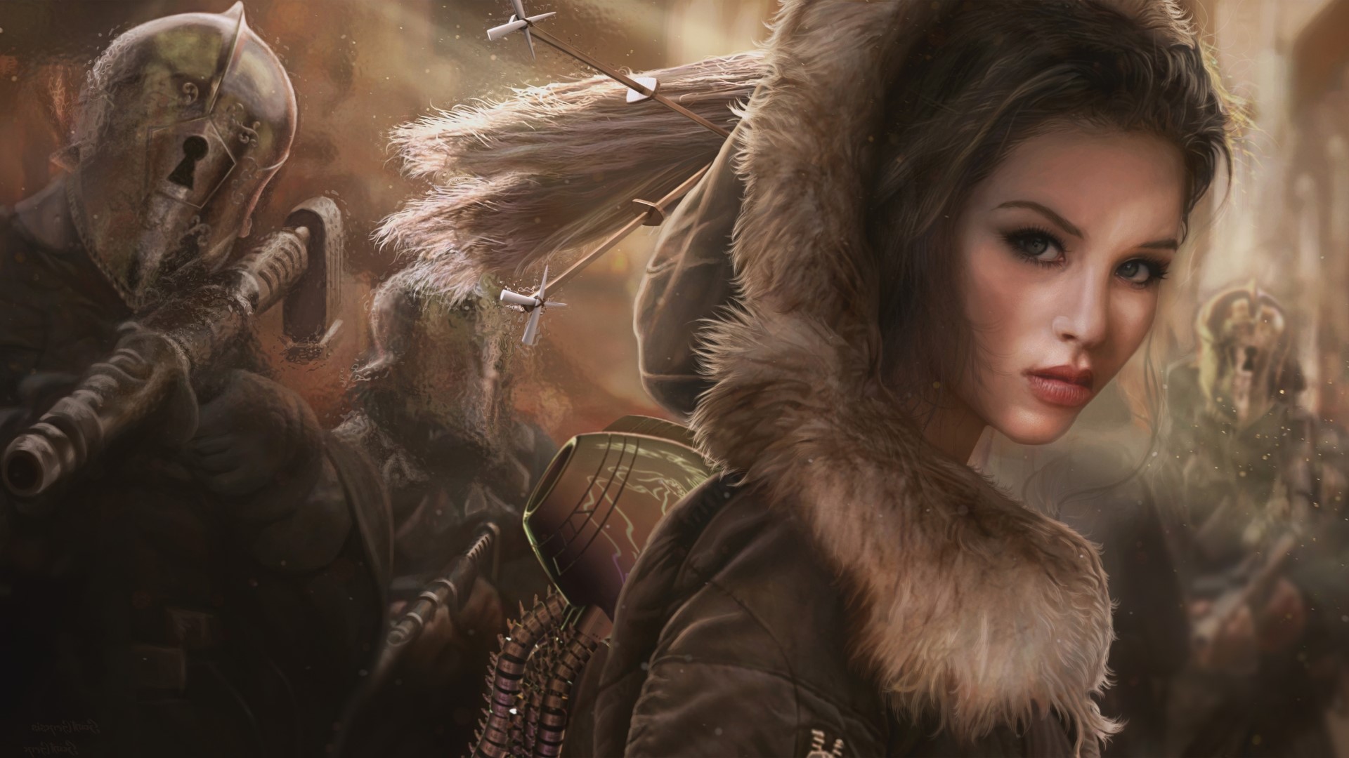 Fantasy girl with fur hood and armored soldiers HD Wallpaper