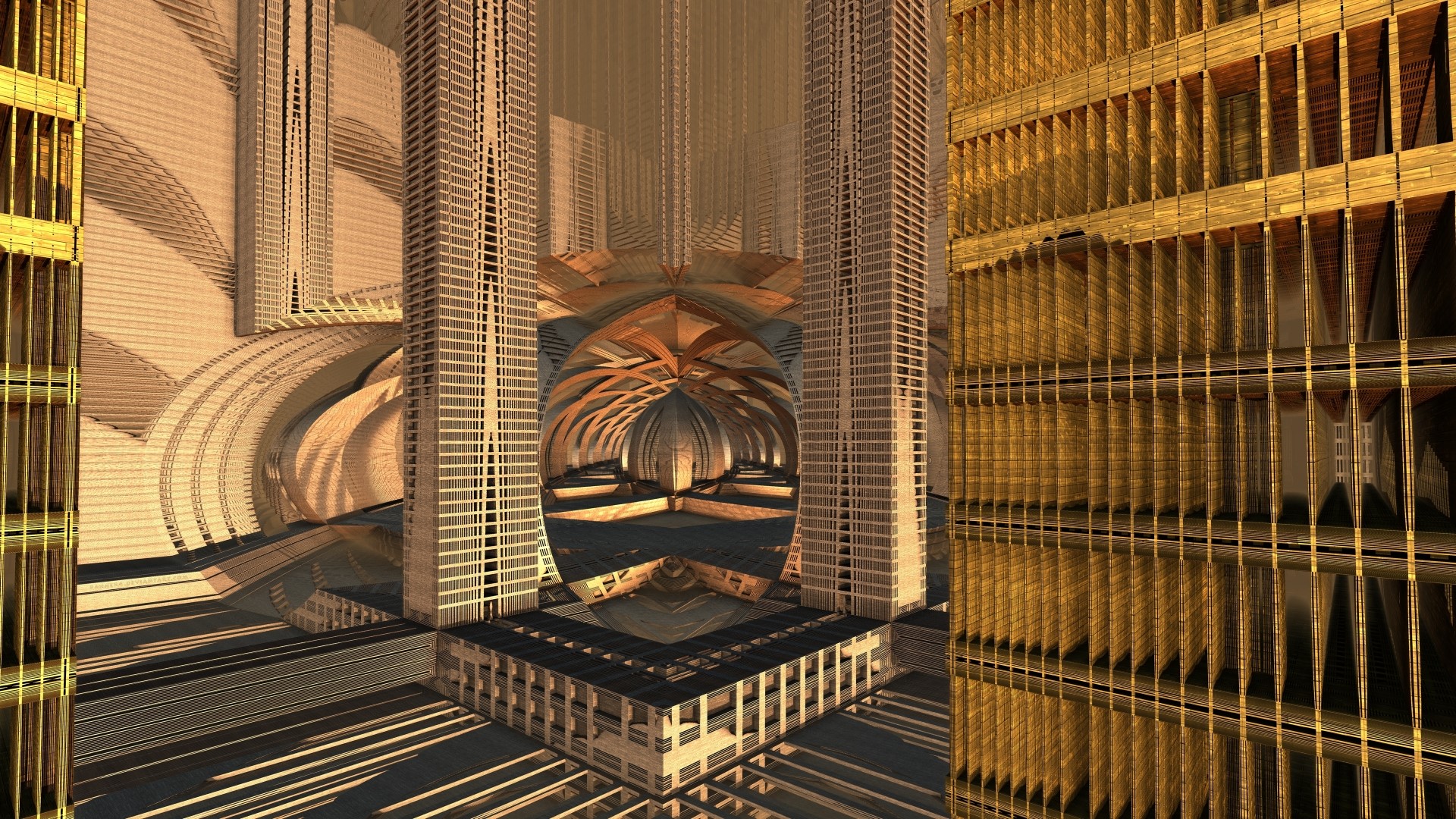 Abstract fractal architecture with golden and metallic elements HD Wallpaper