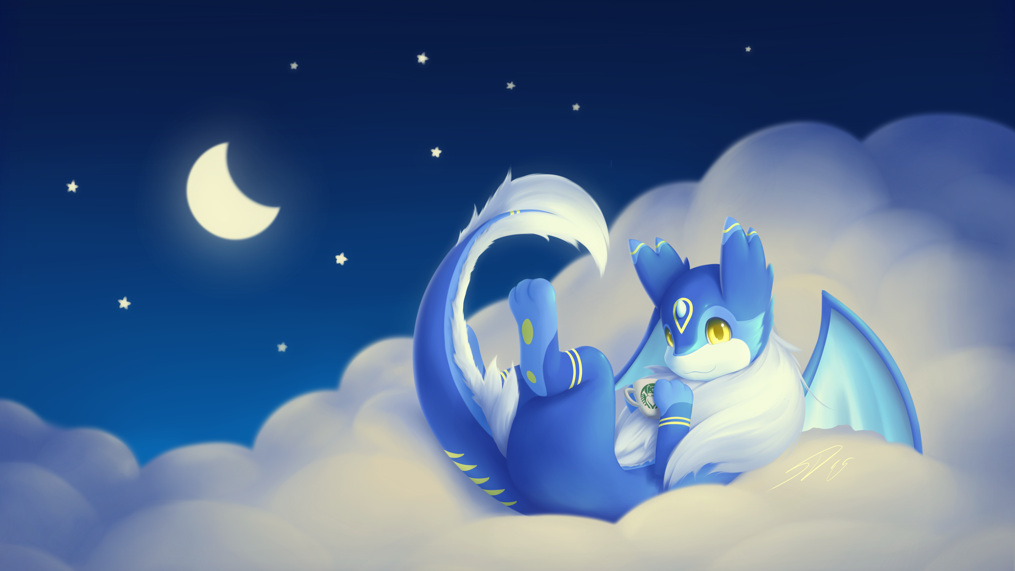 Dragon in Clouds with Moon and Stars HD Wallpaper