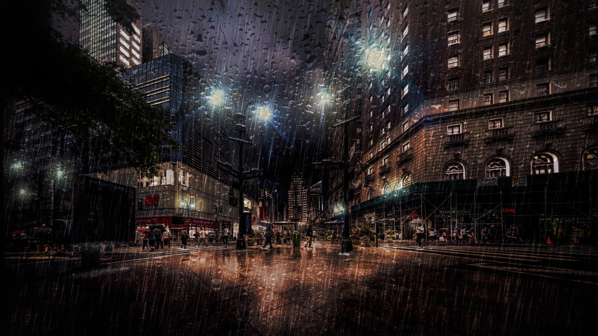 Rainy city street at night with reflections HD Wallpaper