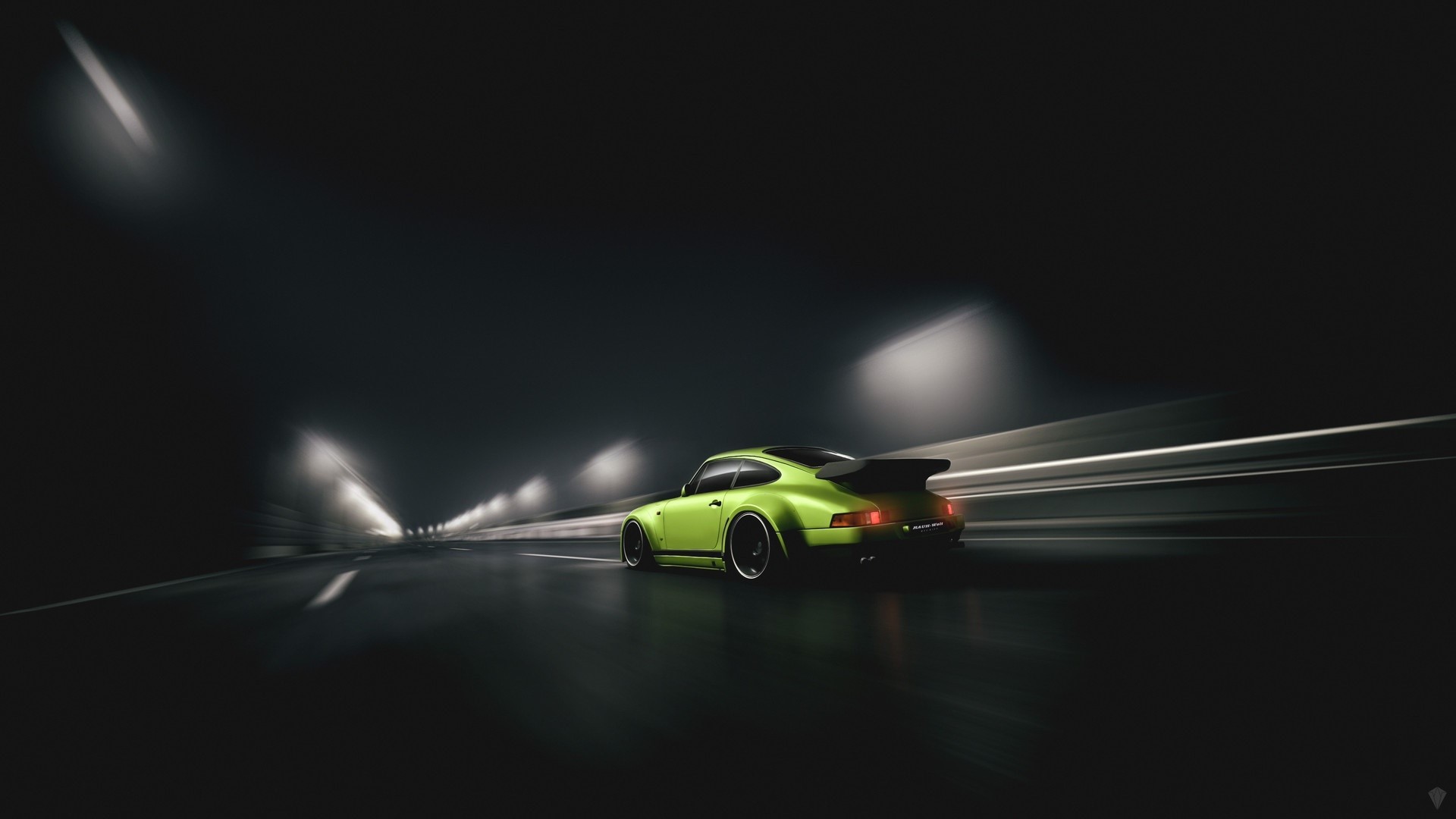 Green Porsche 911 driving in a tunnel HD Wallpaper