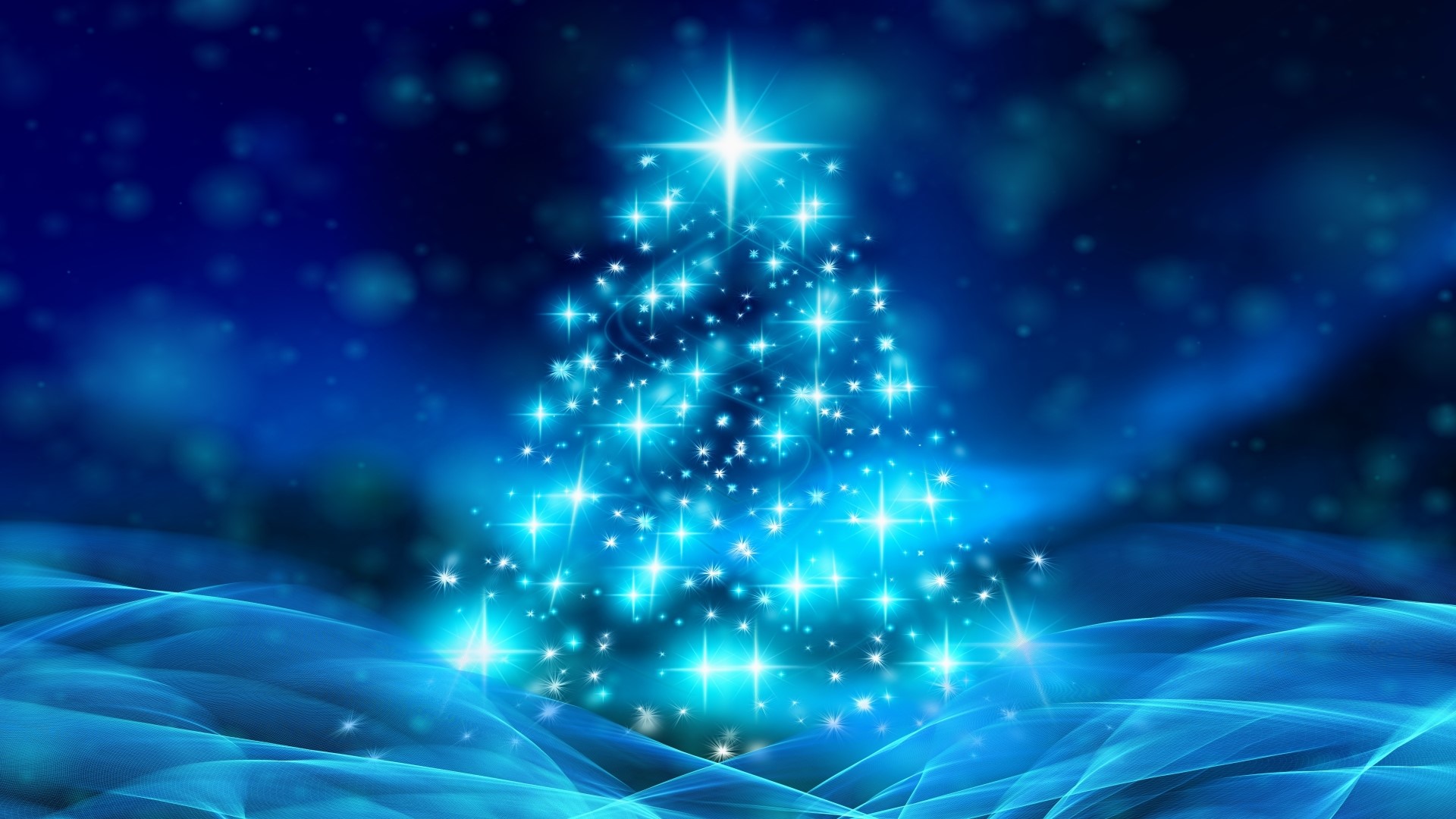 Sparkling blue Christmas tree with glowing lights HD Wallpaper