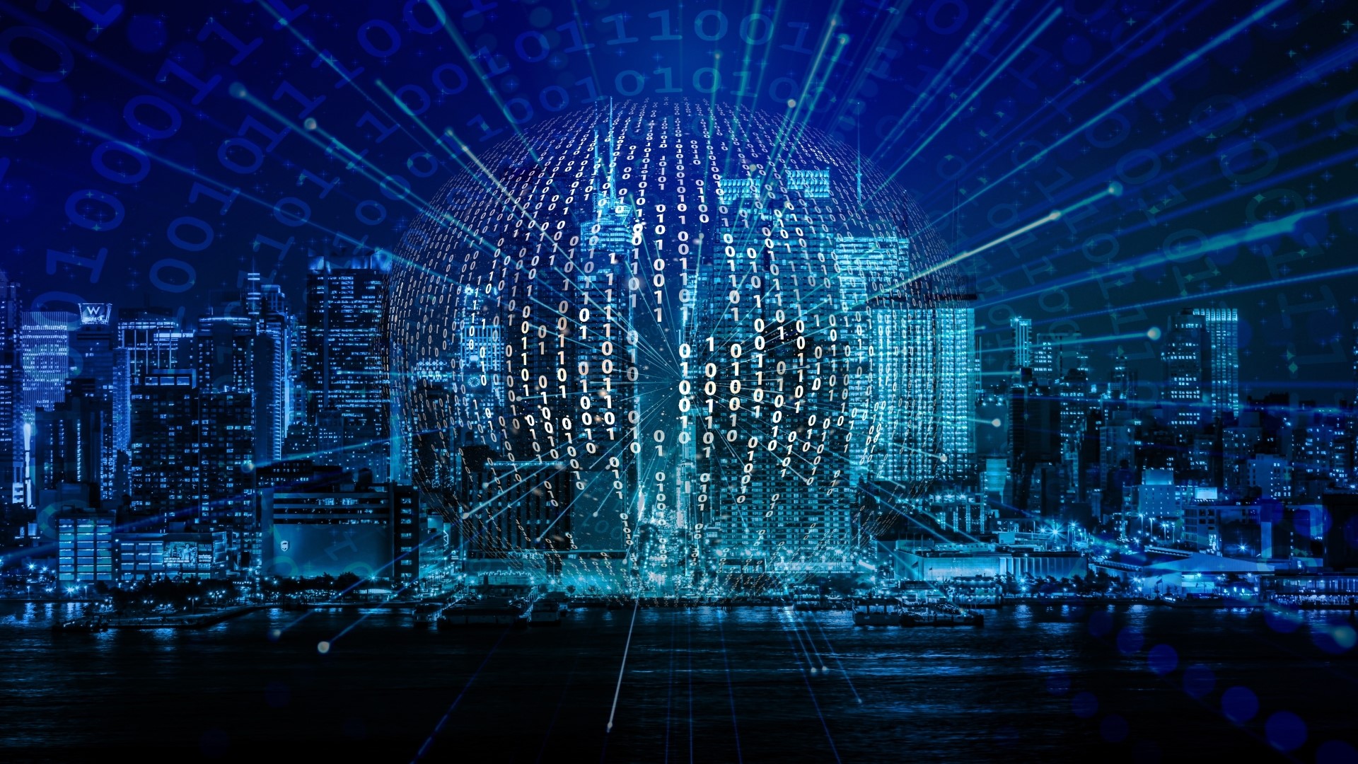 Digital Globe Over Cityscape with Binary Code HD Wallpaper