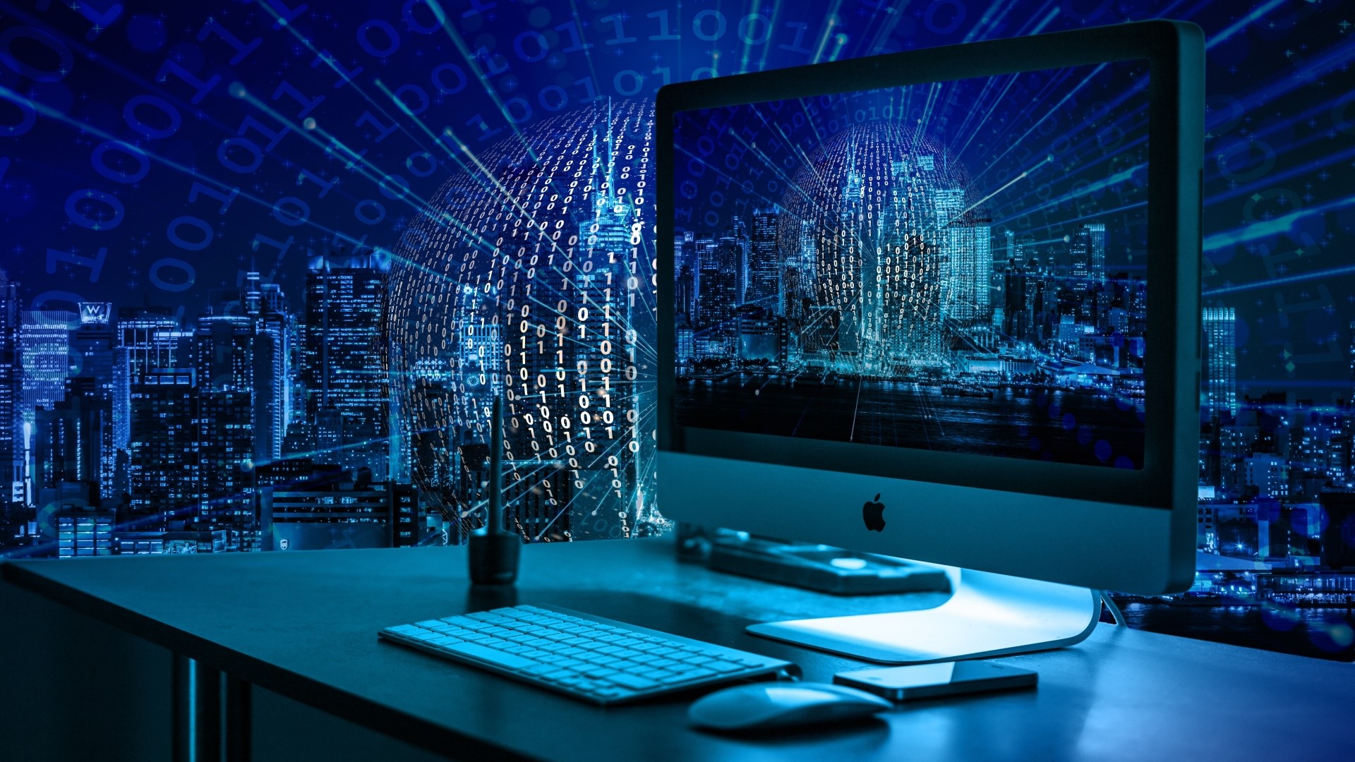 Computer monitor with digital city and binary code HD Wallpaper