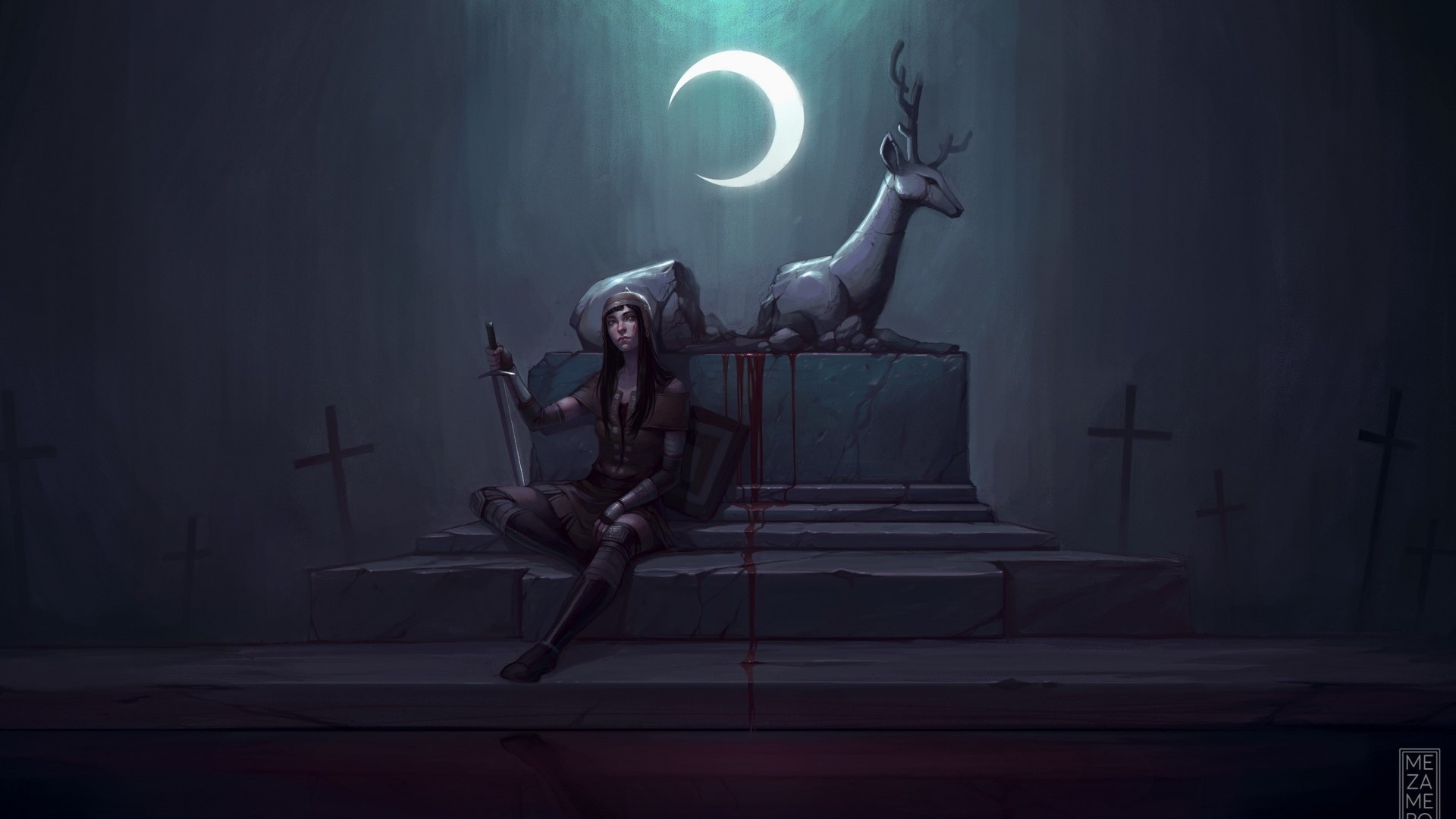 Girl with sword and shield in a graveyard HD Wallpaper