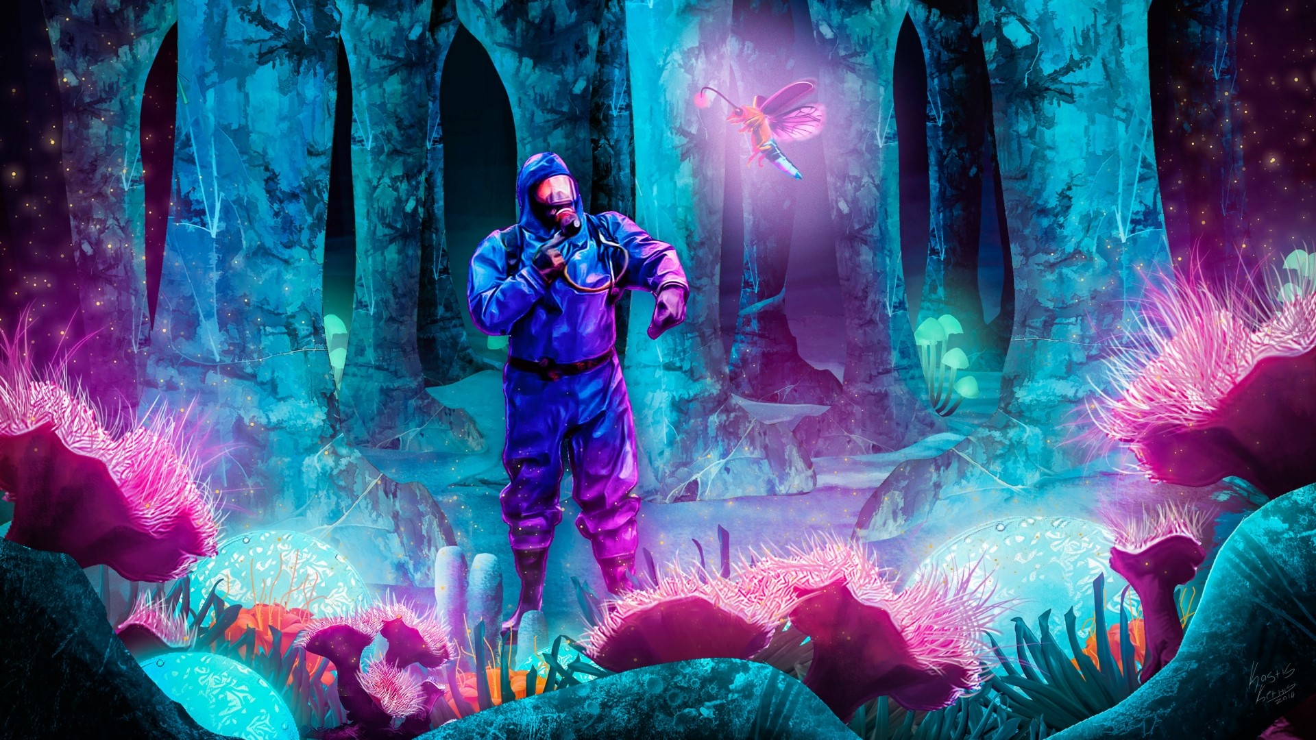 Person in Hazmat Suit in Bioluminescent Cave HD Wallpaper