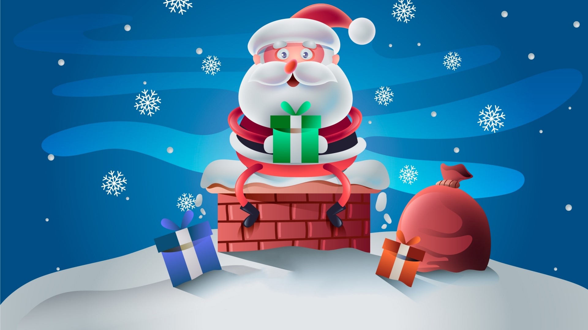 Santa Claus on a Chimney with Gifts HD Wallpaper