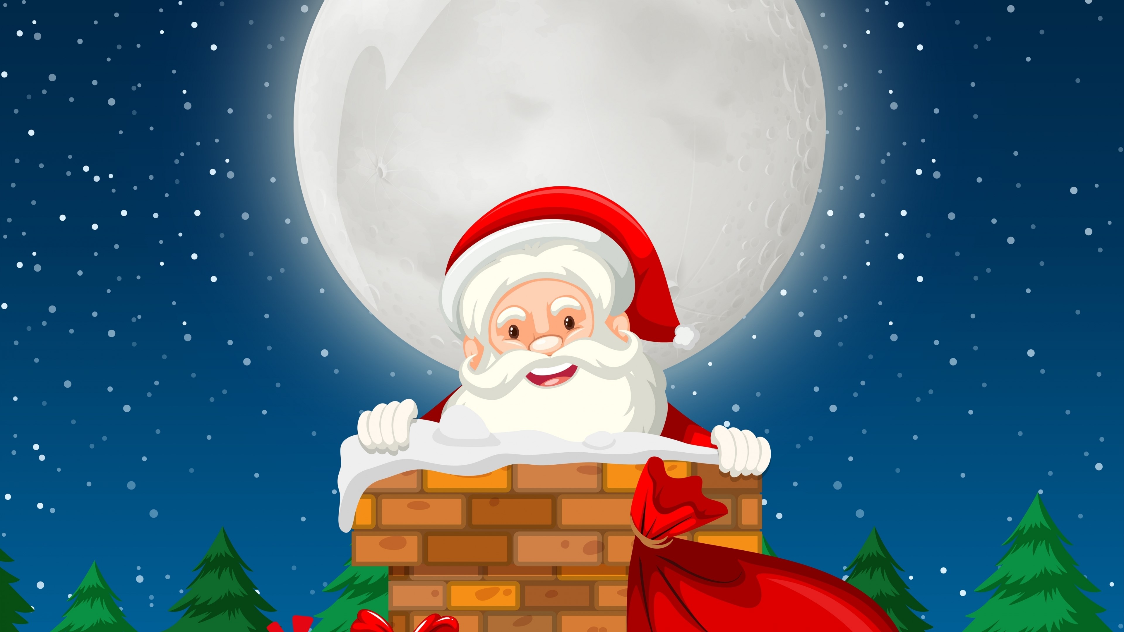 Santa Claus in Chimney with Moon HD Wallpaper