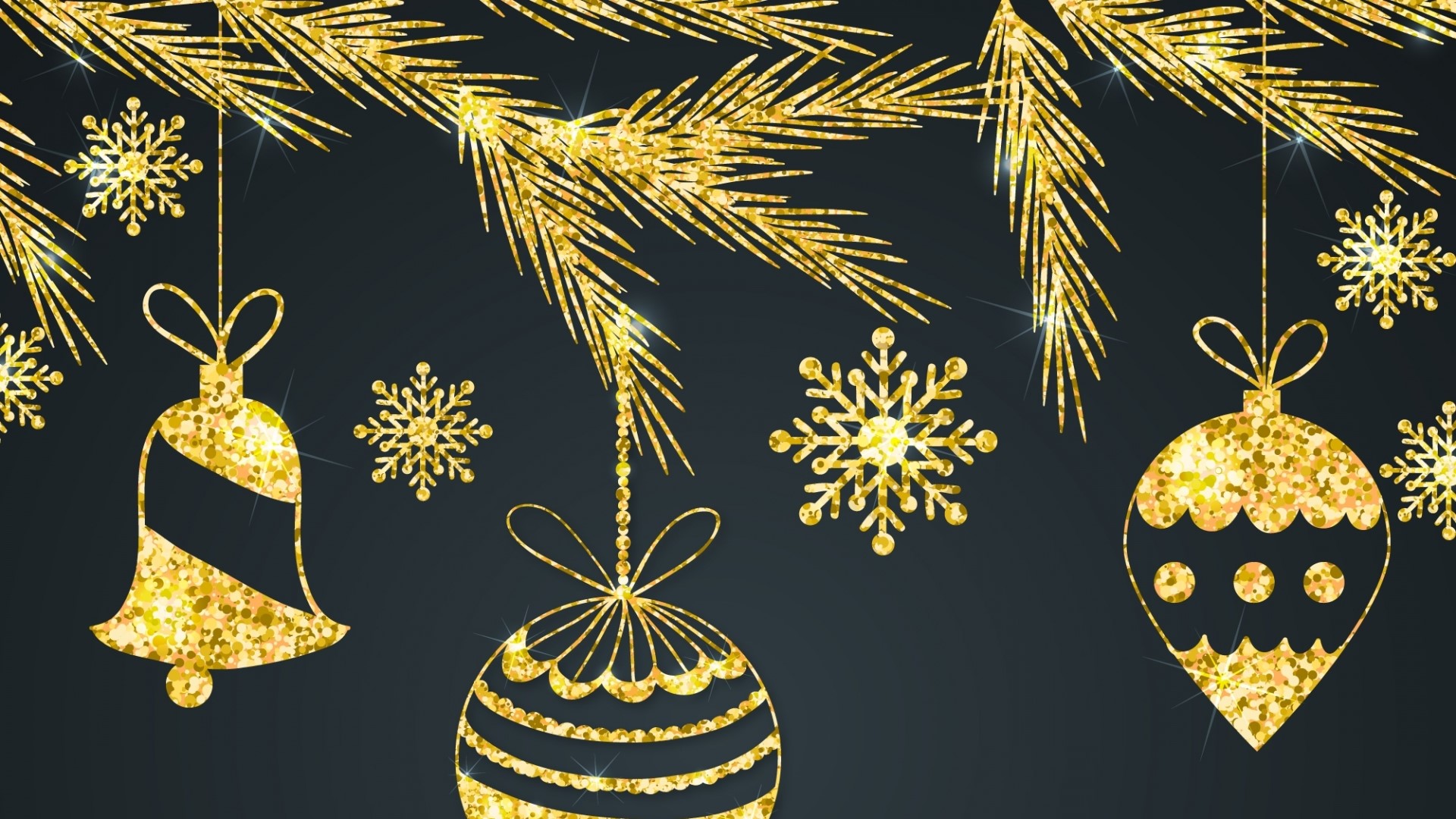 Golden Christmas Ornaments and Pine Branches HD Wallpaper
