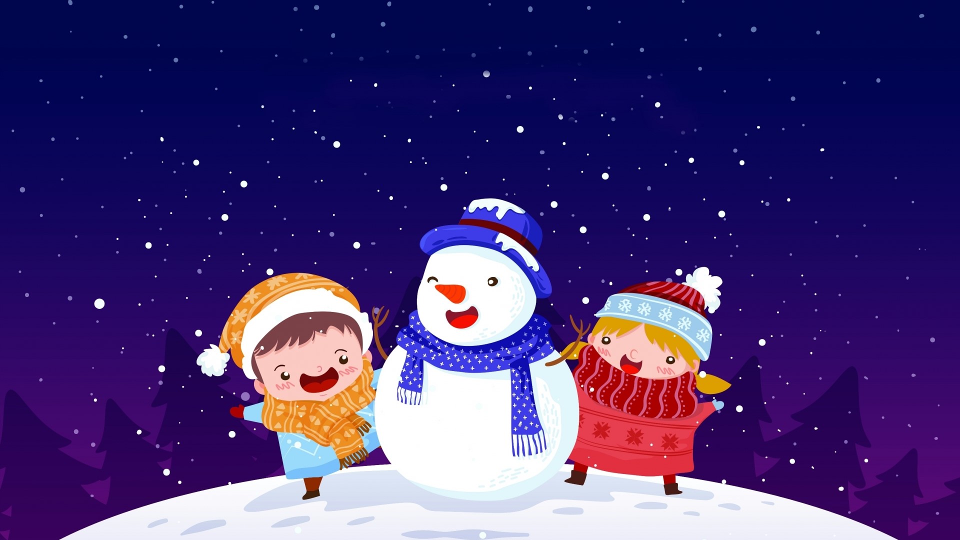Children building a snowman at night HD Wallpaper