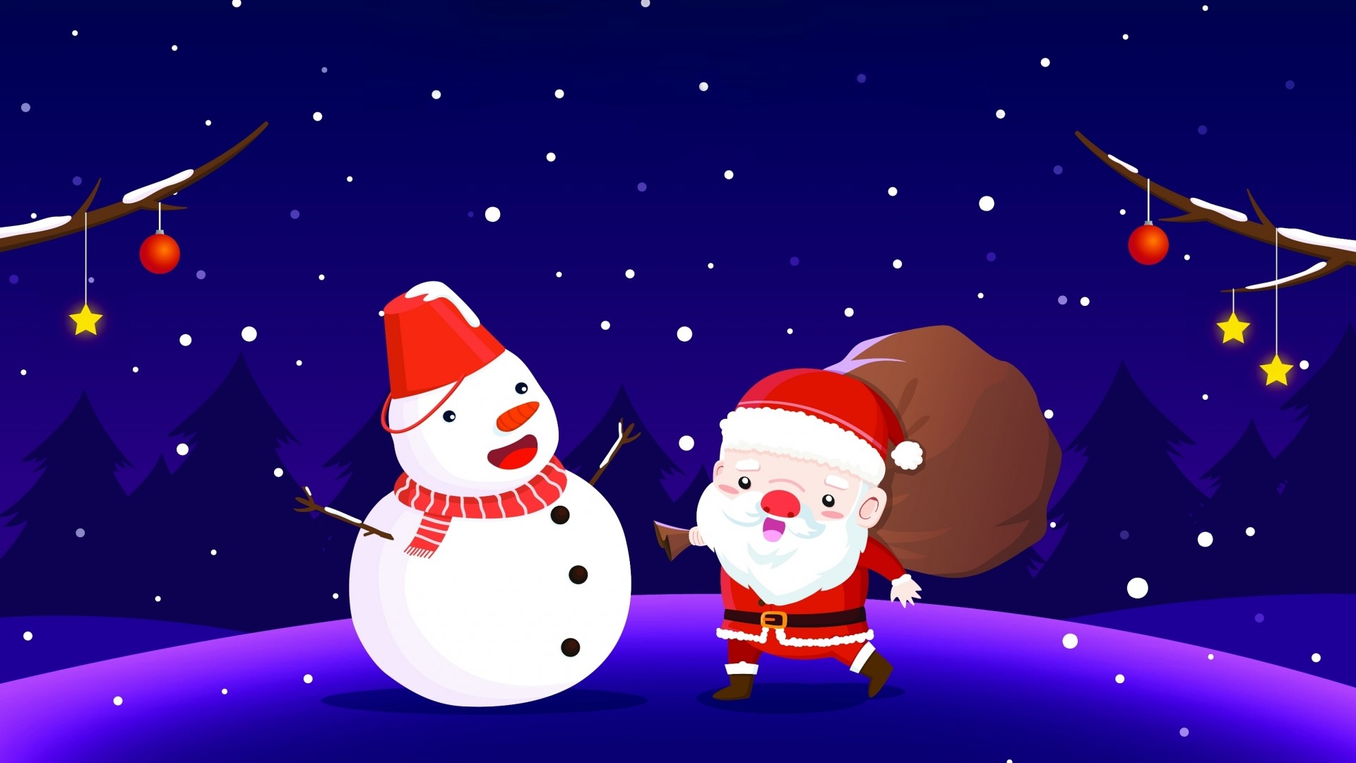 Santa Claus and Snowman in Snowy Night HD Wallpaper