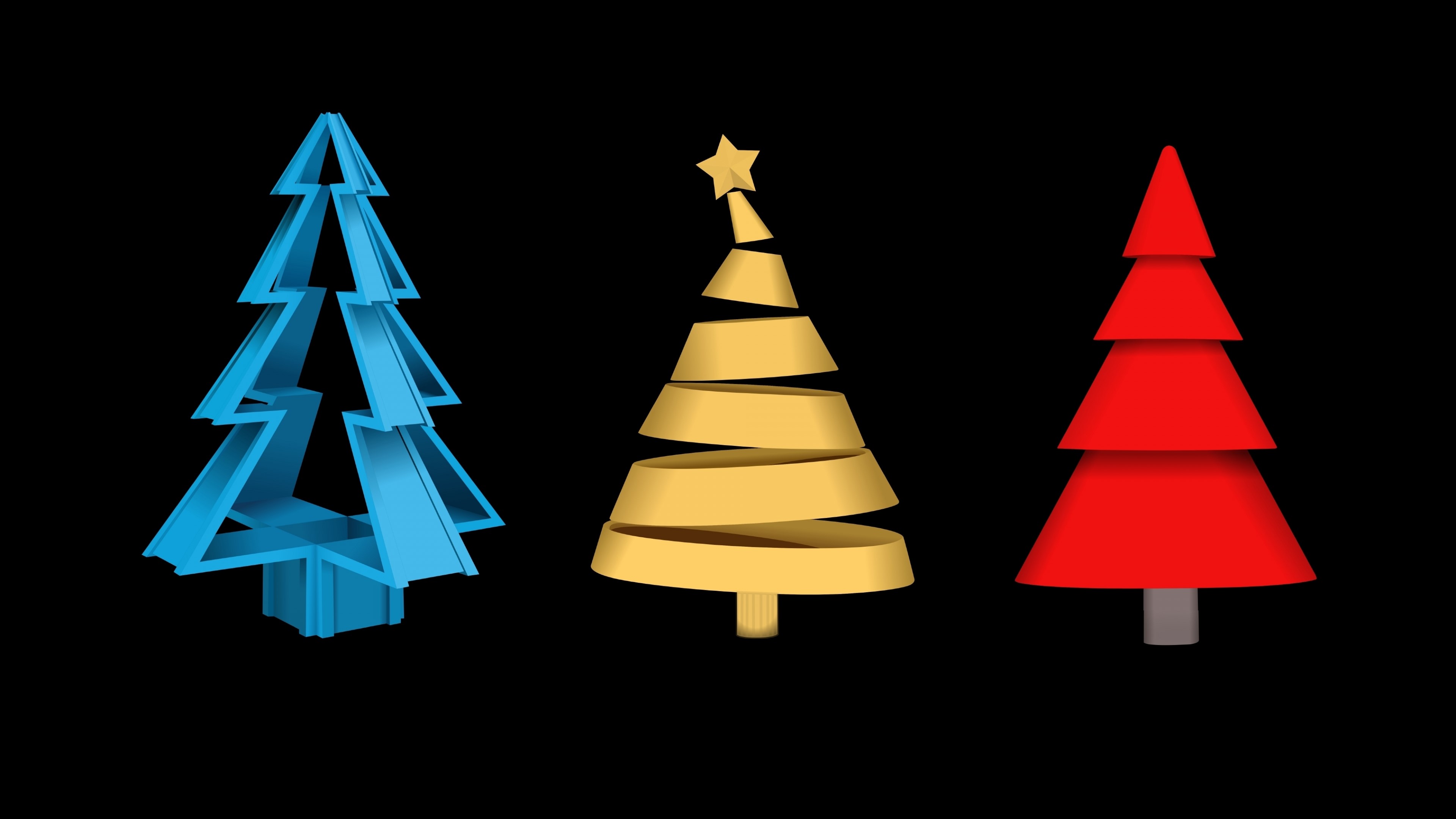 Three stylized Christmas trees in different colors HD Wallpaper