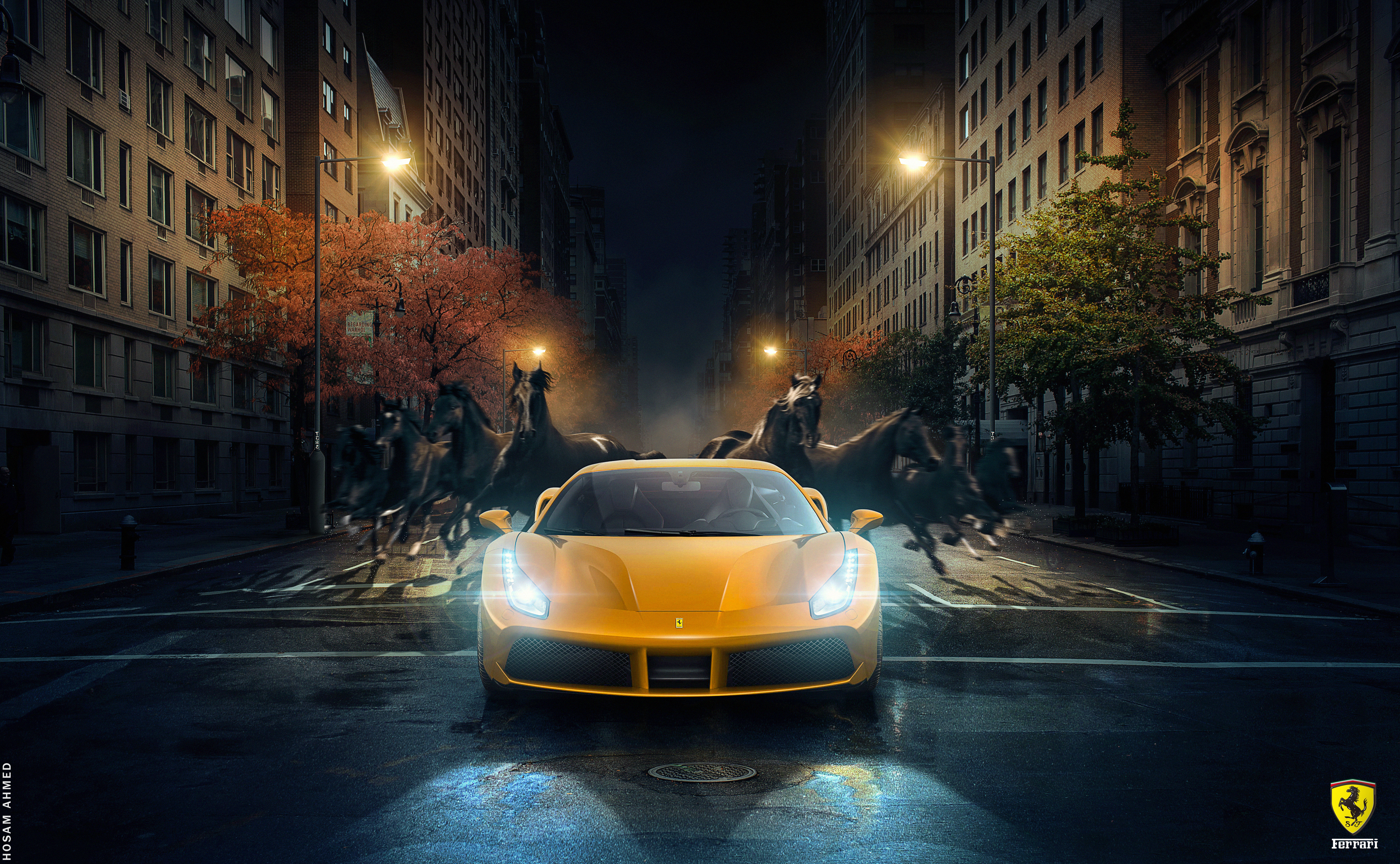 Yellow Ferrari 488 GTB with horses on city street HD Wallpaper