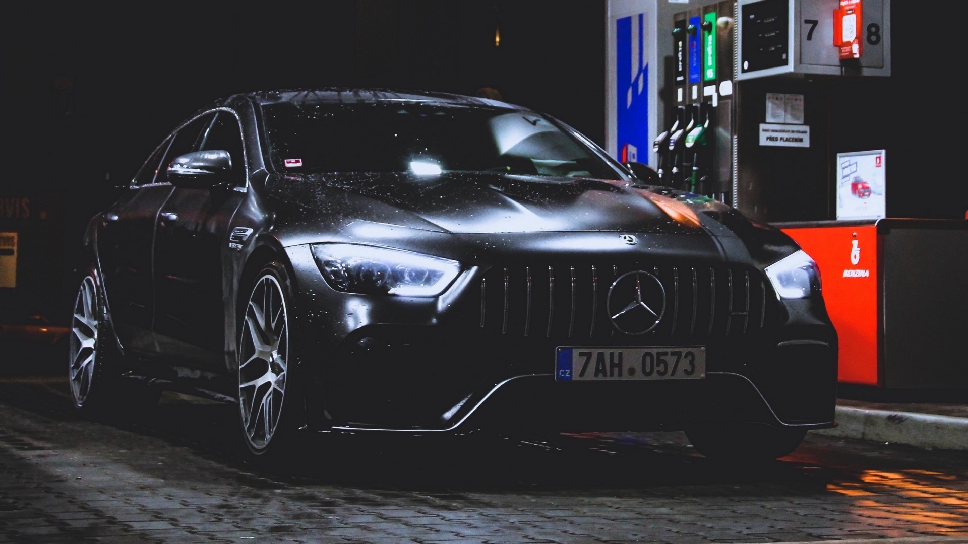 Mercedes-Benz GT at a gas station at night HD Wallpaper
