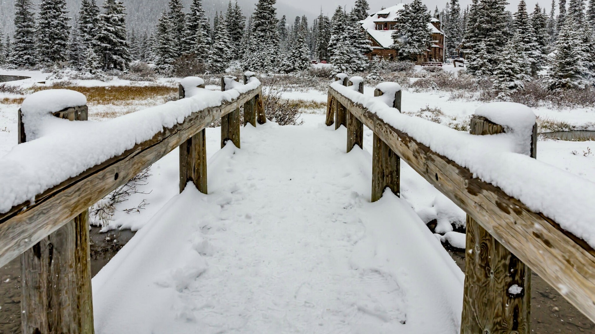Snow-covered bridge leading to a lodge in a winter forest HD Wallpaper