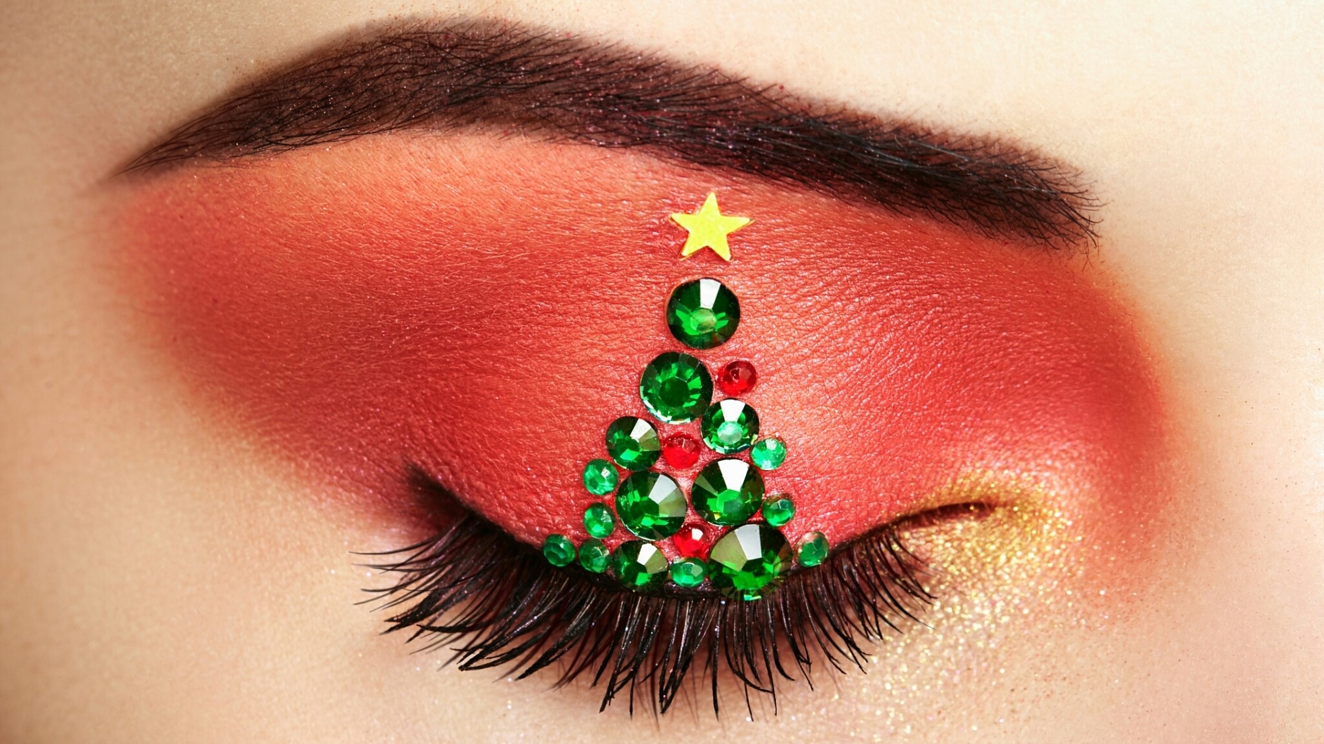 Christmas Tree Eye Makeup with Rhinestones HD Wallpaper