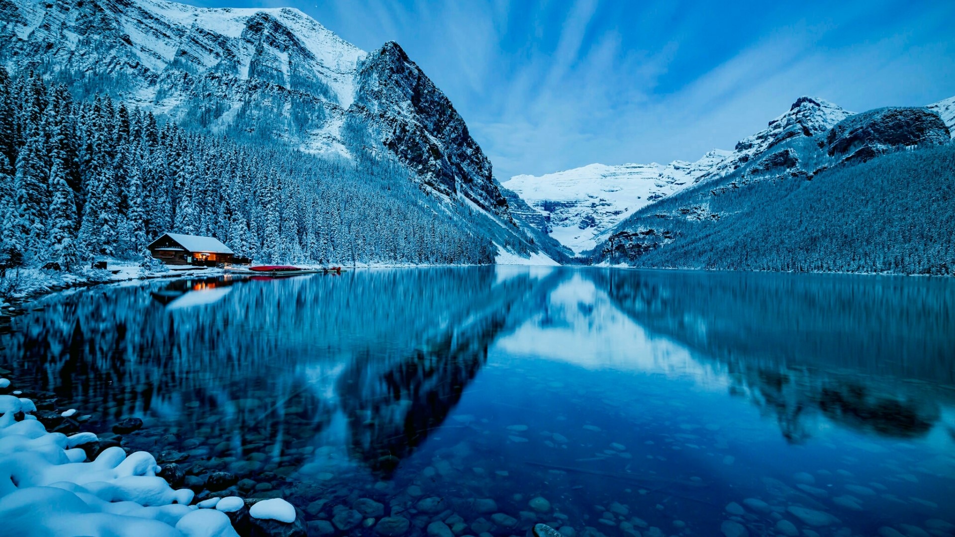 Winter Landscape with Cabin and Mountains HD Wallpaper