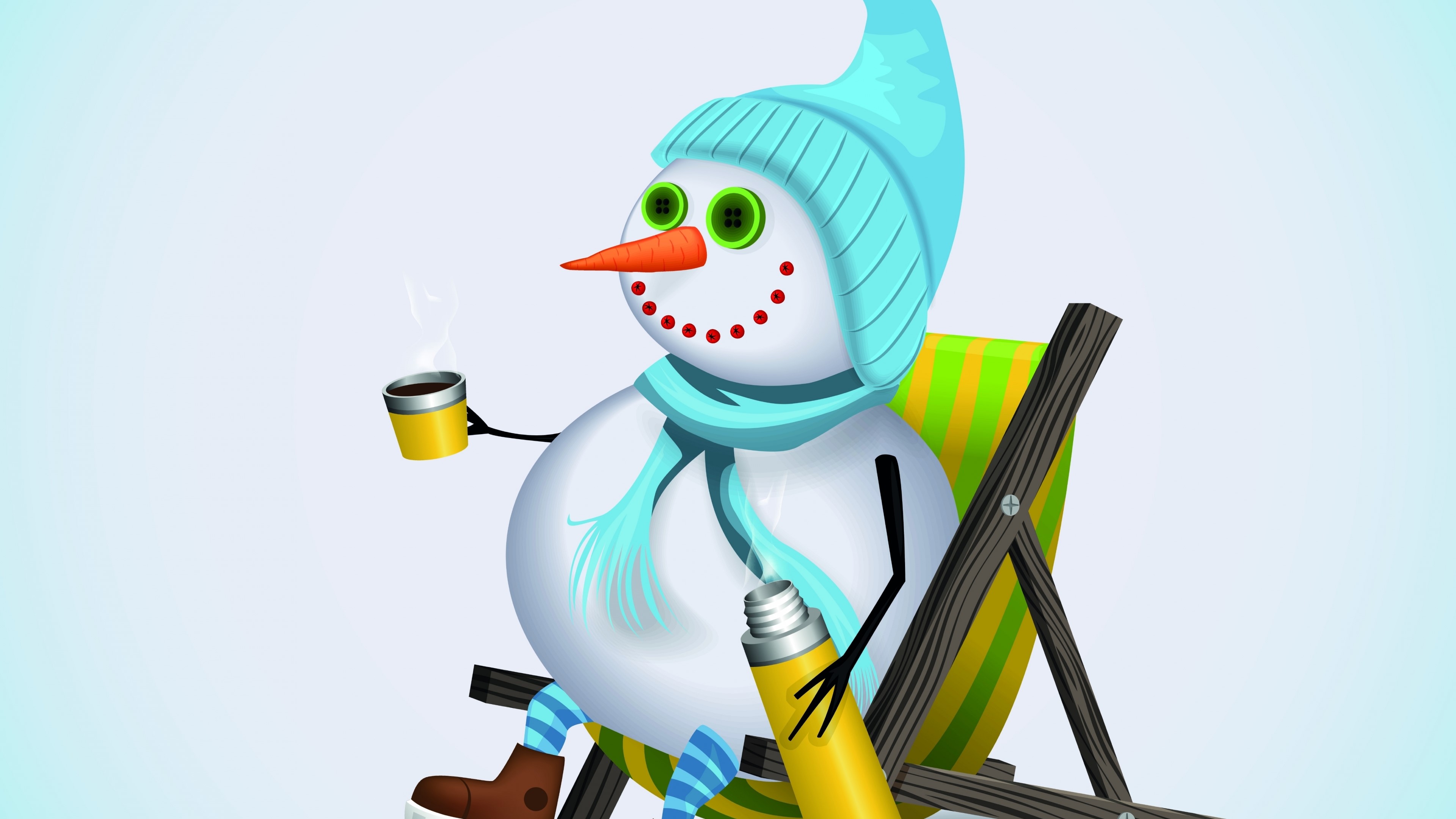 4K Snowman relaxing on a beach chair HD Wallpaper