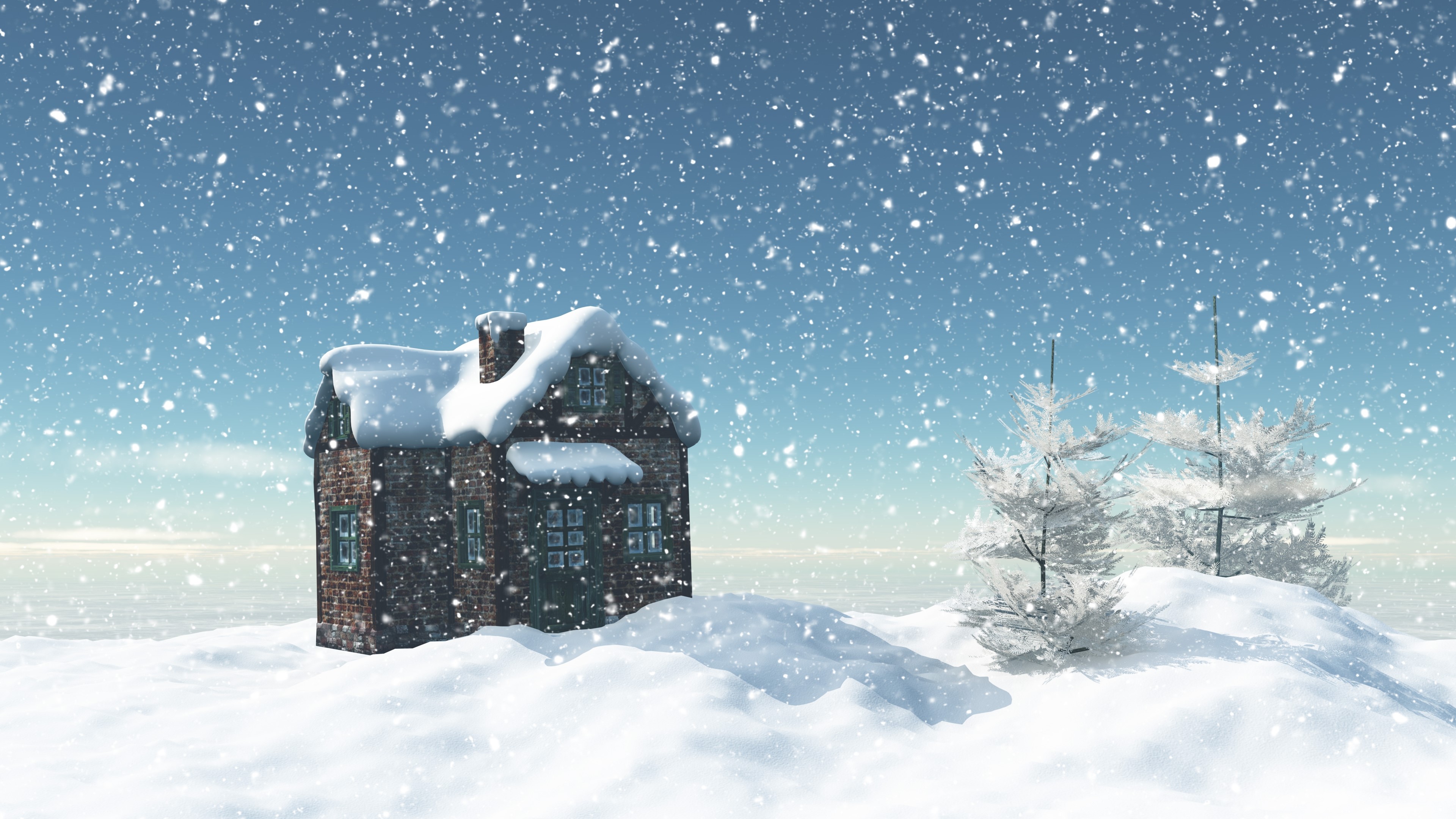 4K Winter House and Trees HD Wallpaper