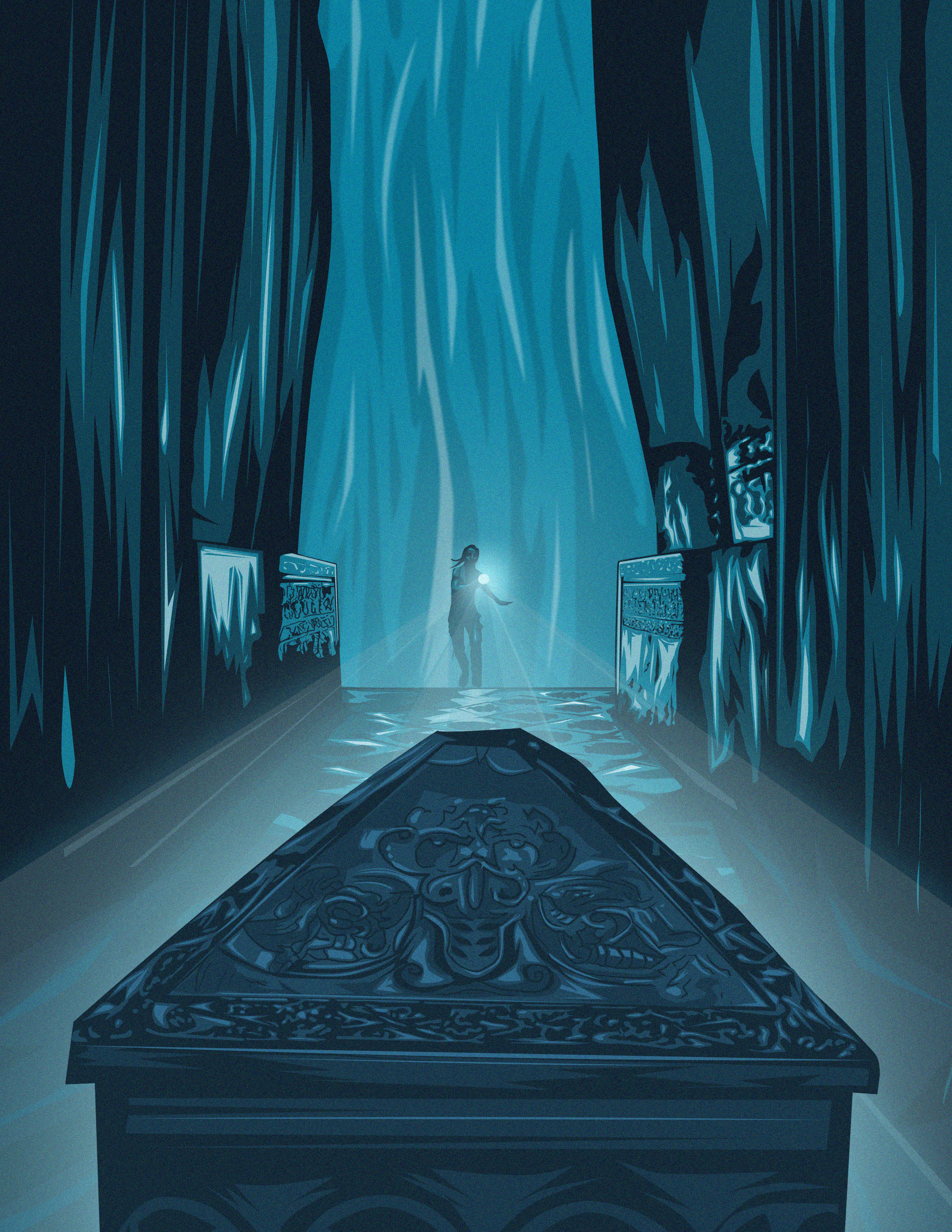 Lara Croft in an icy tomb with a sarcophagus HD Wallpaper