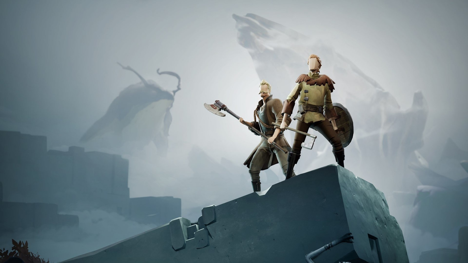 Two warriors with axes and shields on a rocky outcrop HD Wallpaper