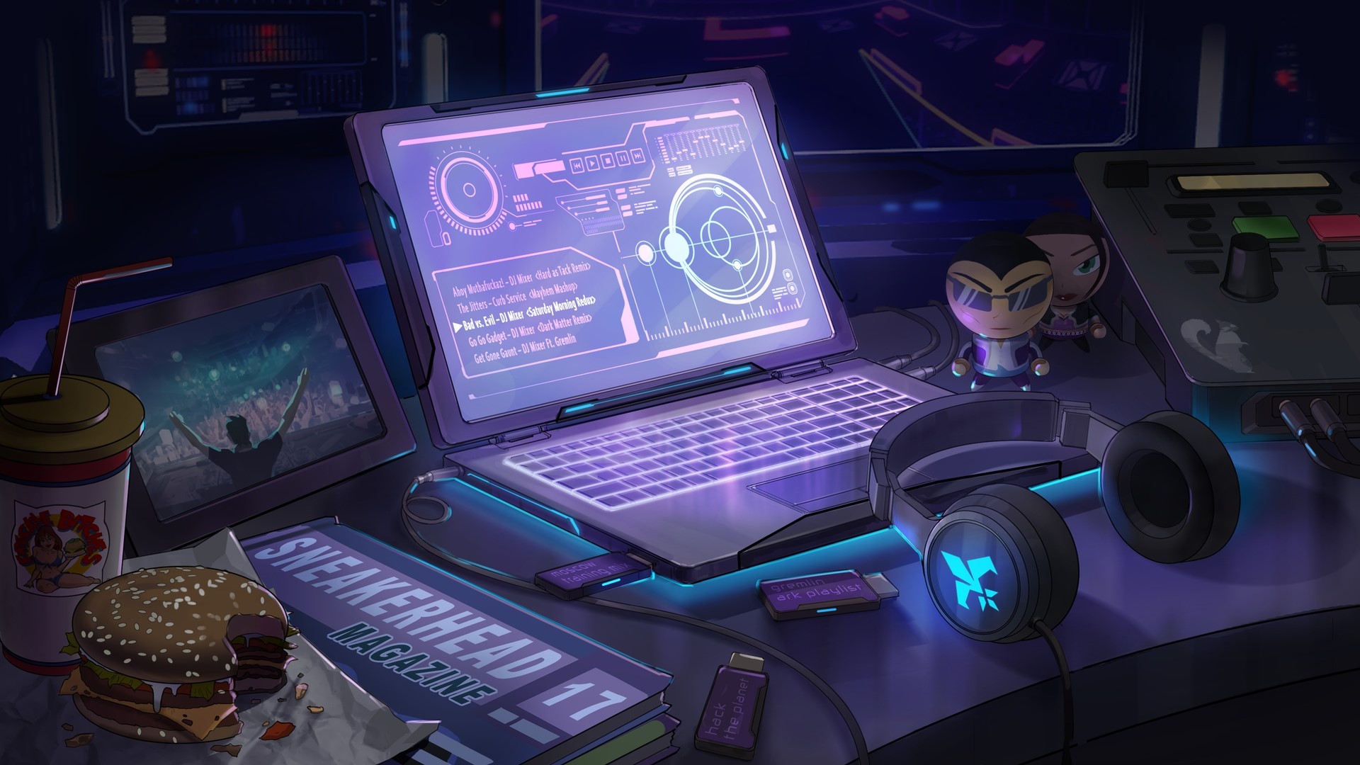 DJ setup with laptop, headphones, and food HD Wallpaper