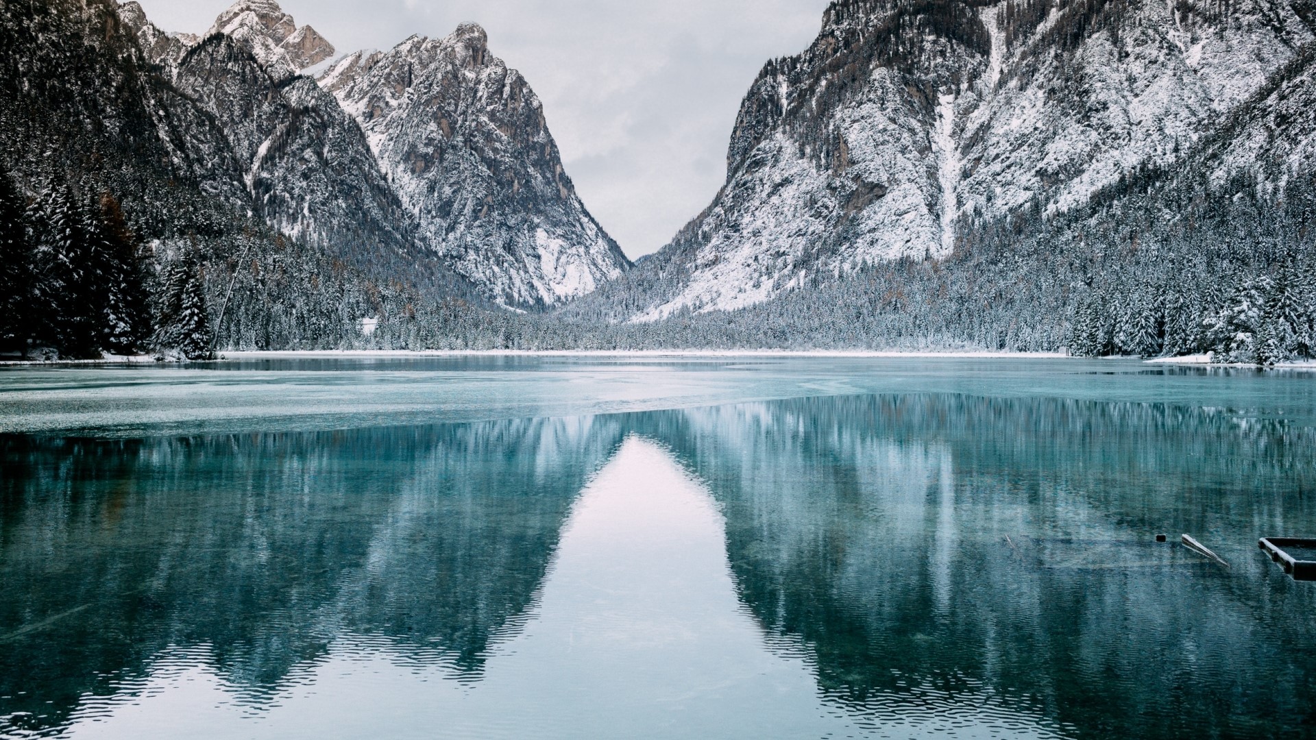 Snowy Mountains Reflecting in a Clear Winter Lake HD Wallpaper