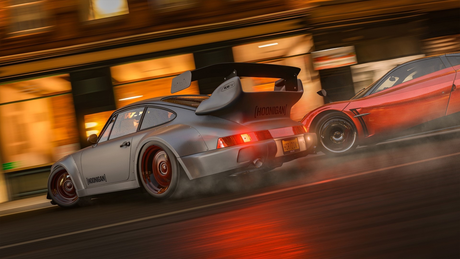Silver Porsche 911 and red car drifting in Forza Horizon 4 HD Wallpaper