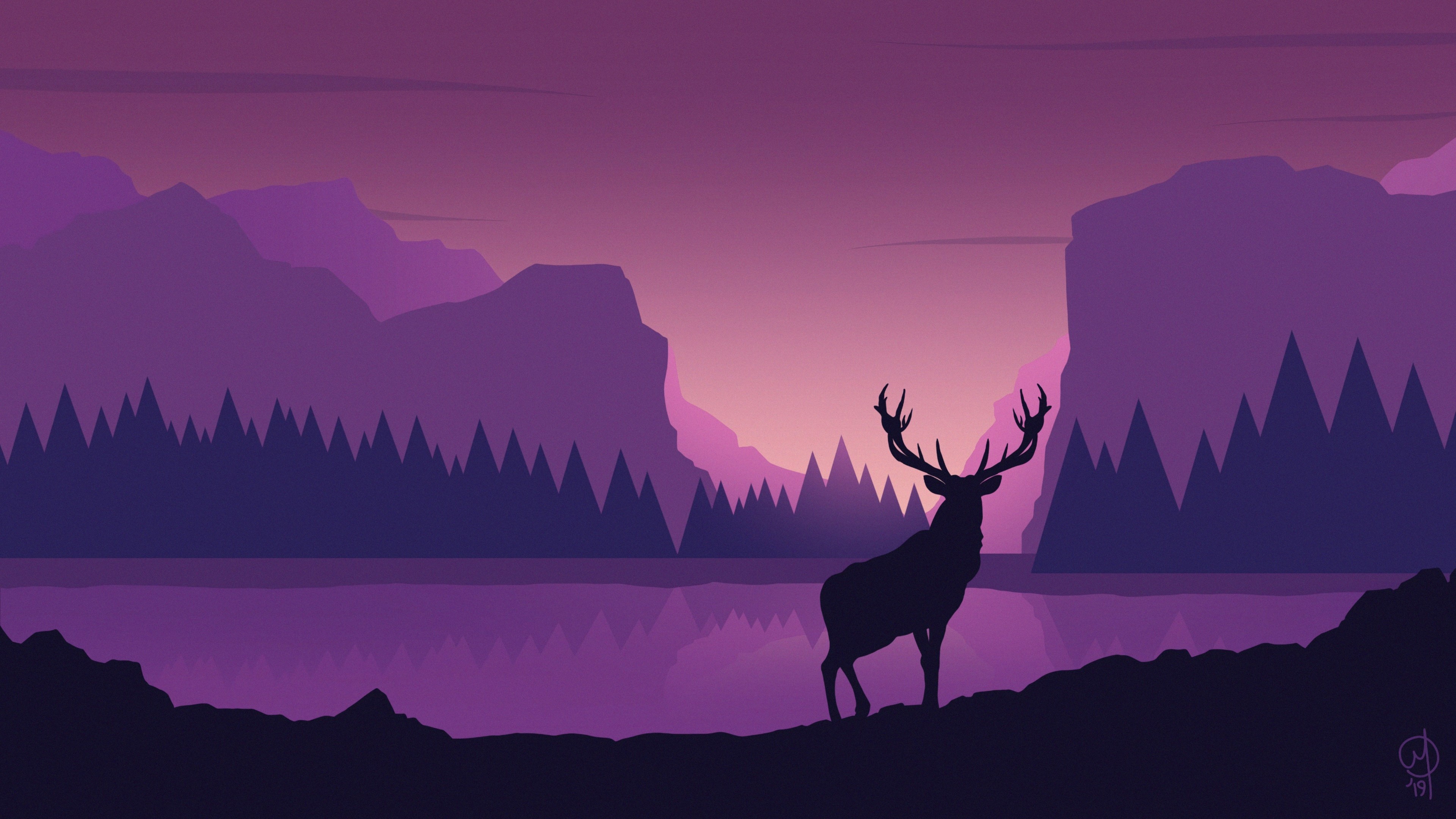 4K Deer Silhouette in Purple Mountain Landscape HD Wallpaper