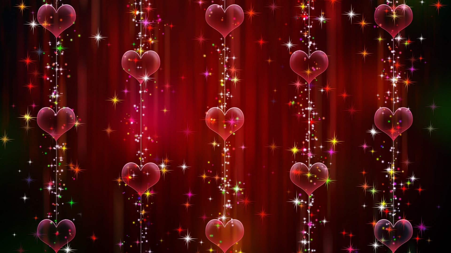 Sparkling Hearts and Stars on Red Background HD Wallpaper