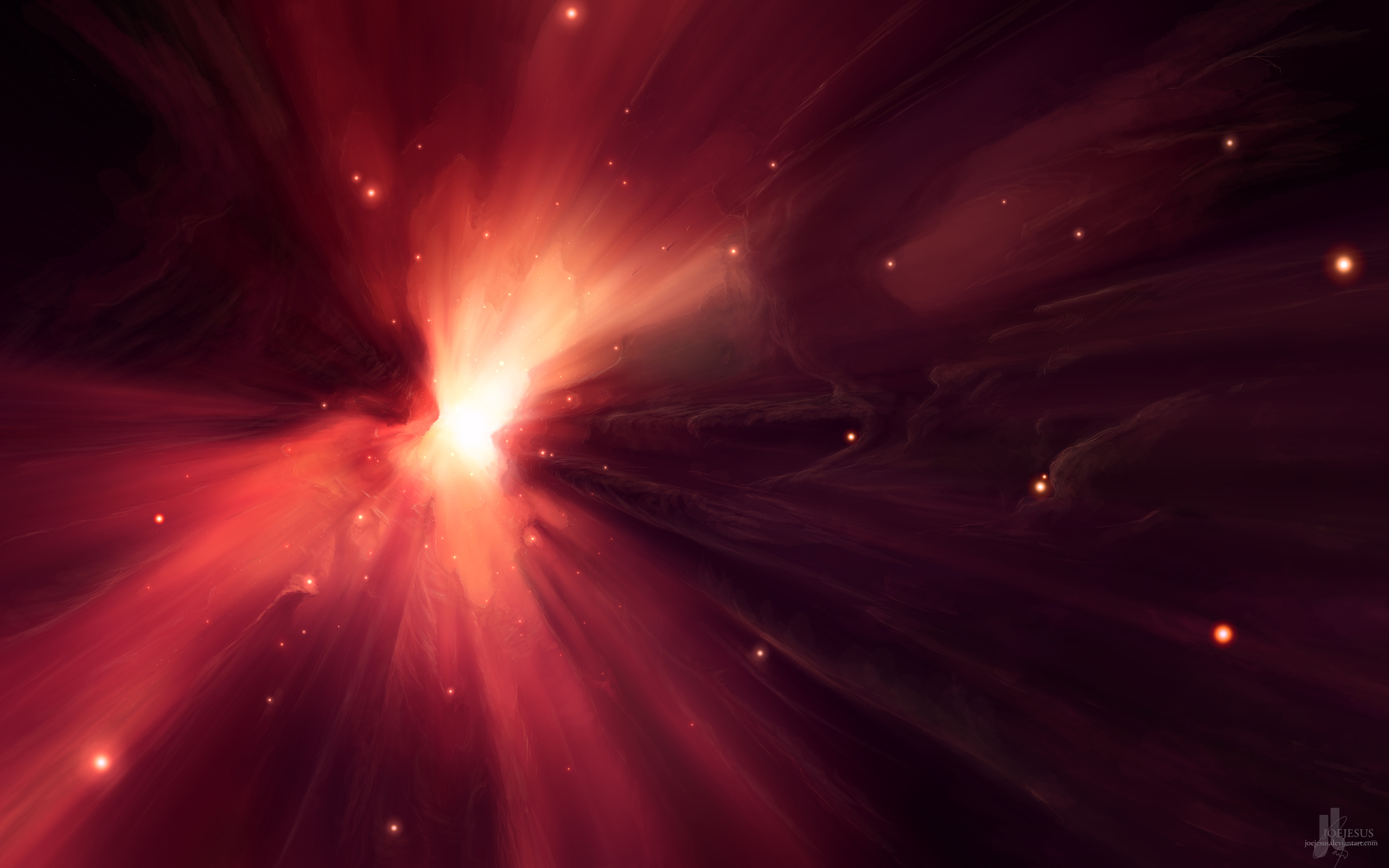 Red nebula with bright light and stars HD Wallpaper
