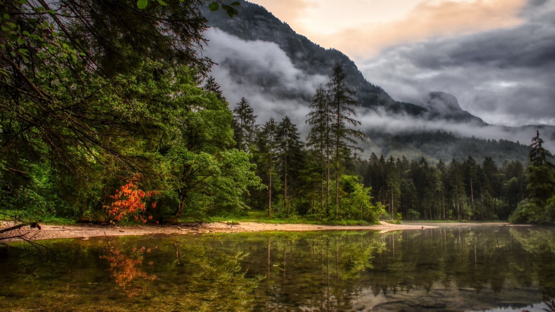 Misty Mountains and Forest Reflected in a Lake HD Wallpaper