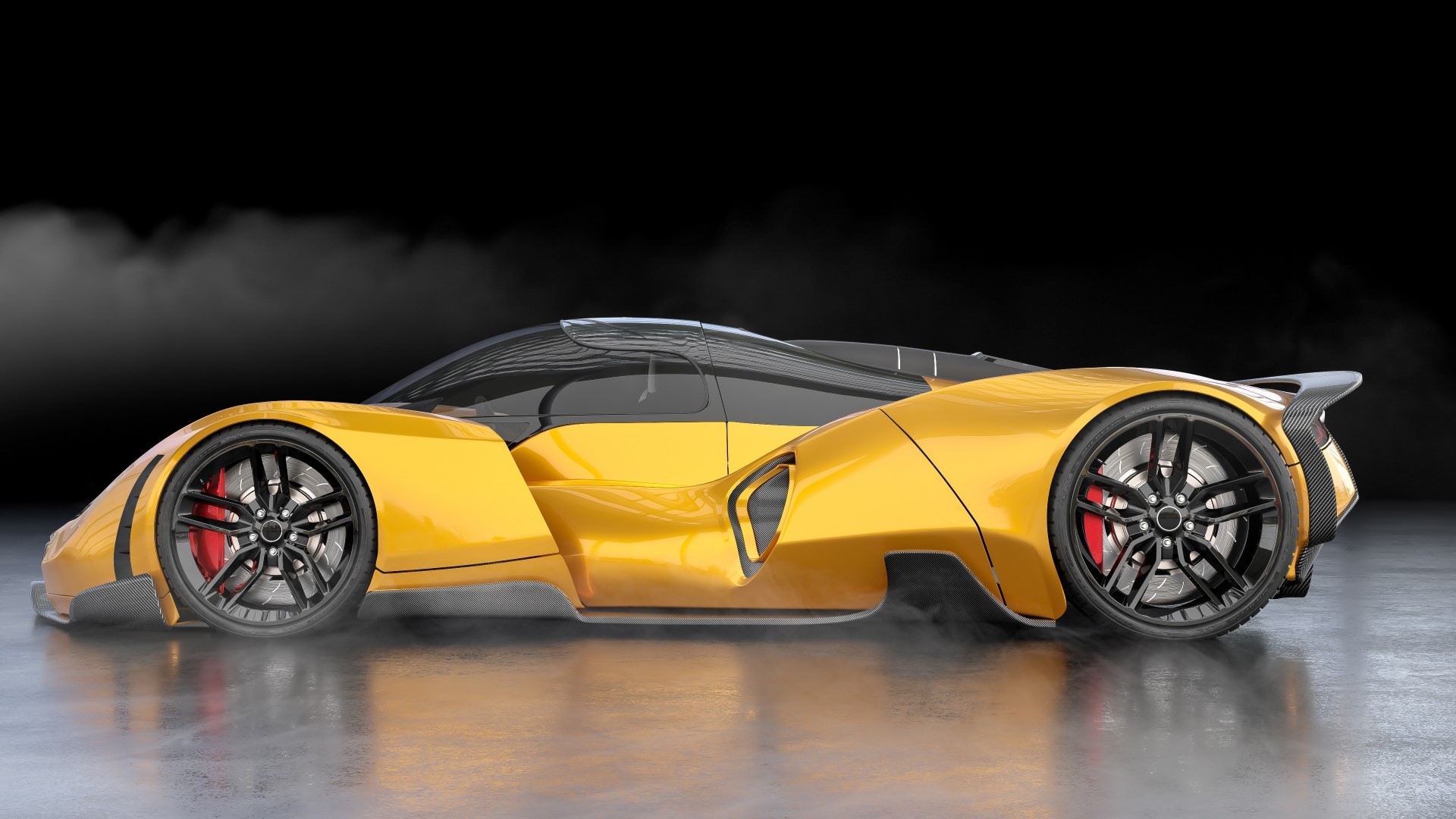 Yellow futuristic sports car with black accents HD Wallpaper