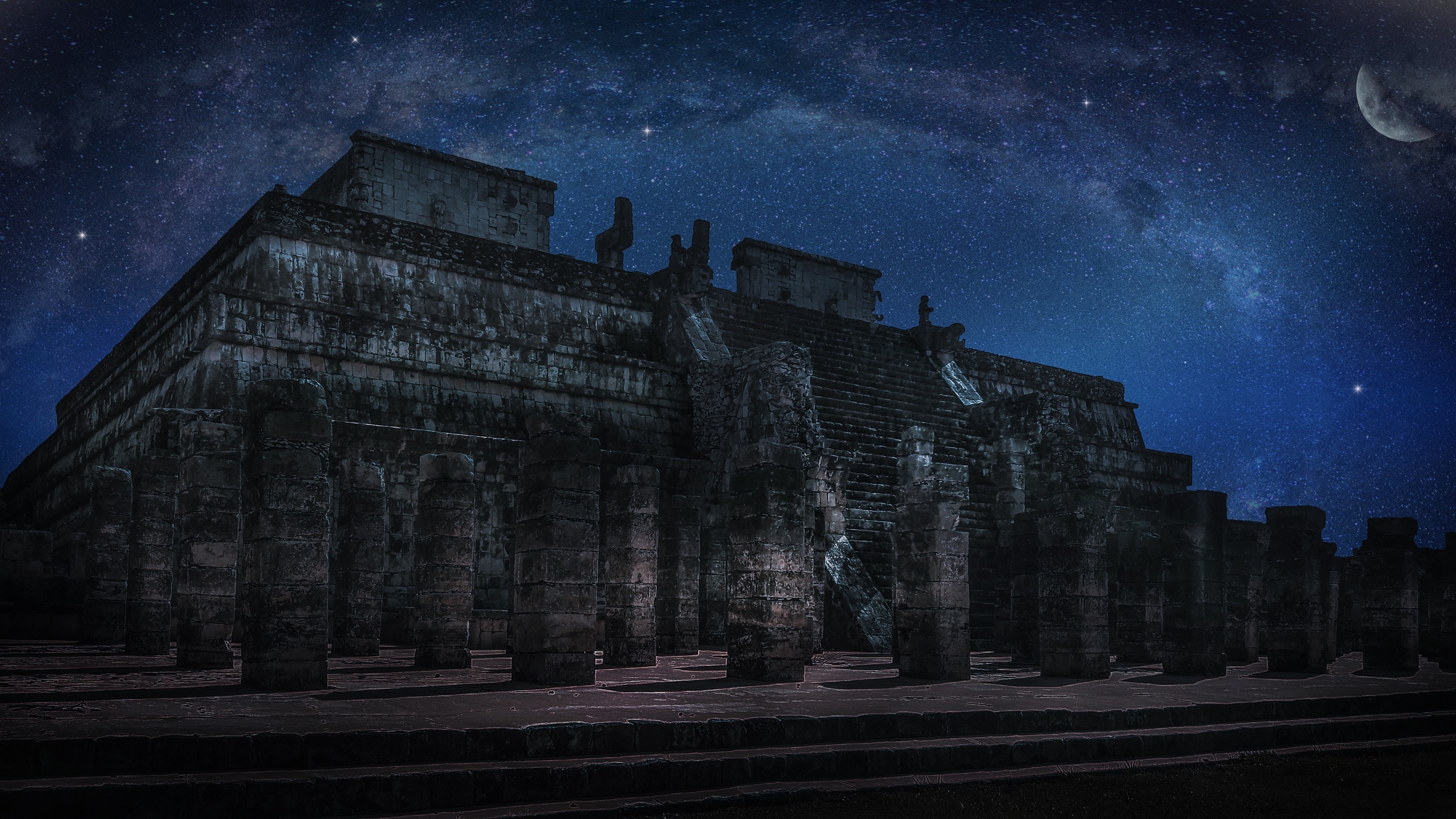 Ancient Mayan Pyramid at Night HD Wallpaper