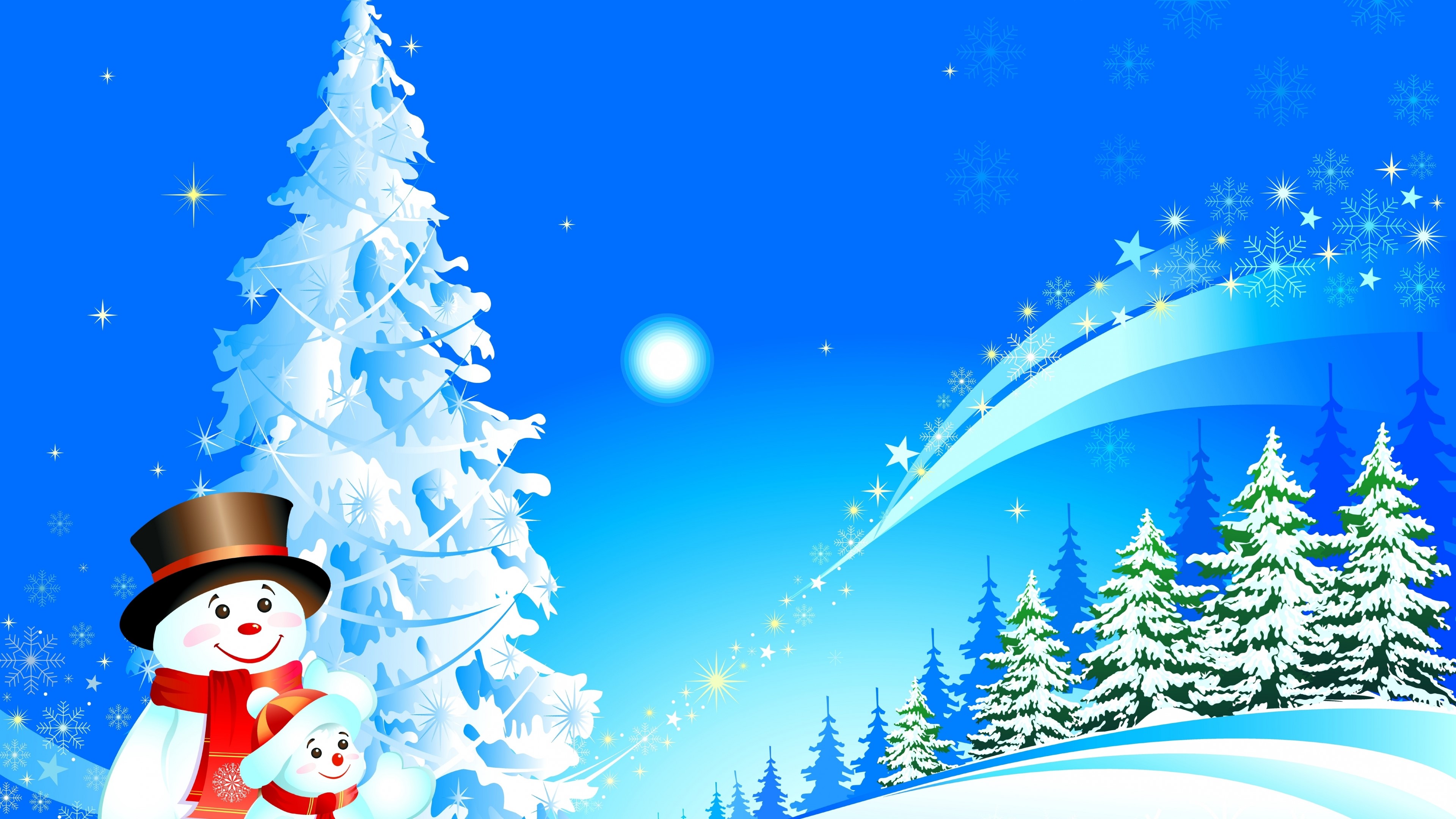 4K Winter Scene with Snowmen and Christmas Trees HD Wallpaper