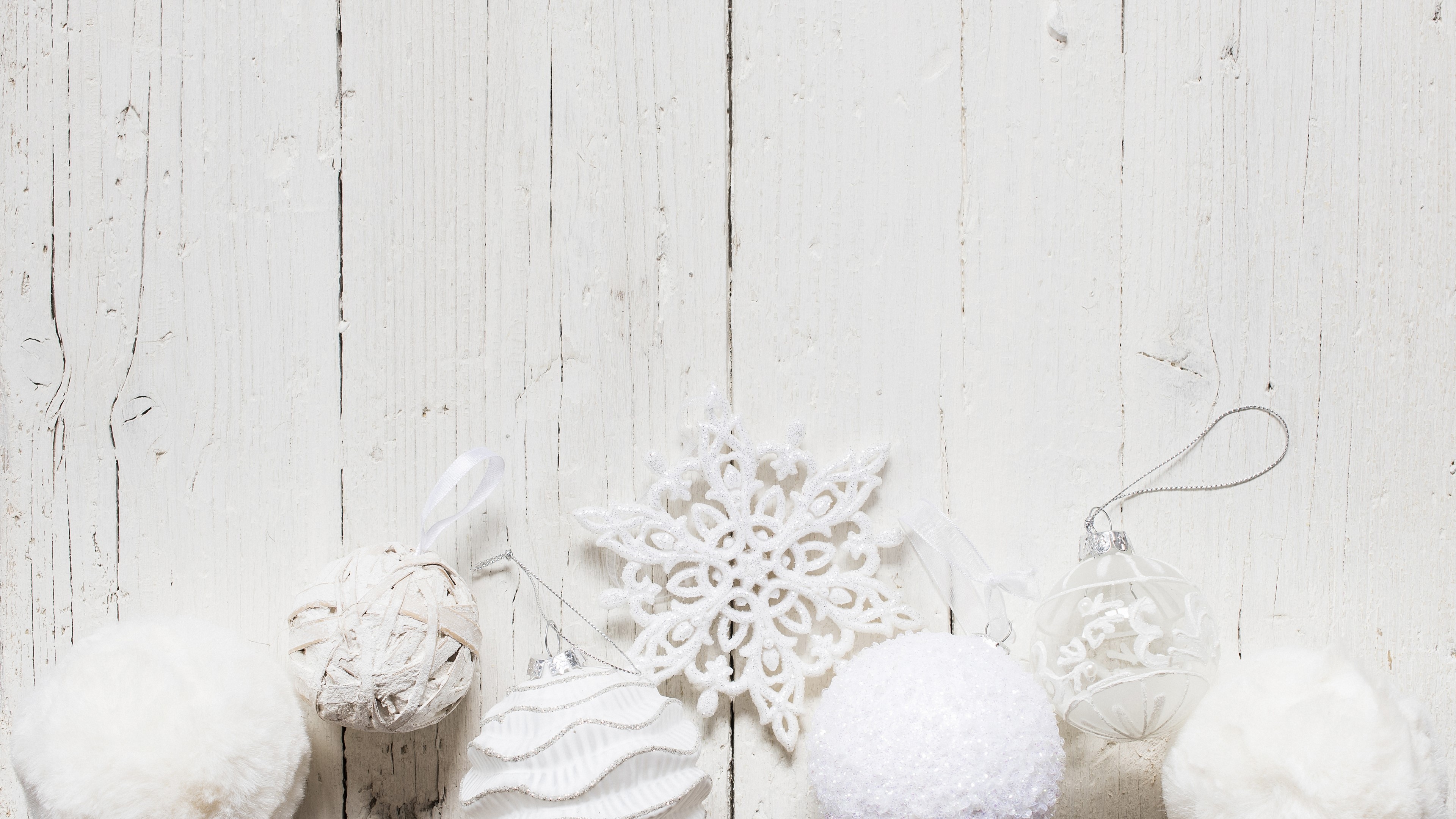 4K New Year Ornaments on White Wood HD Wallpaper